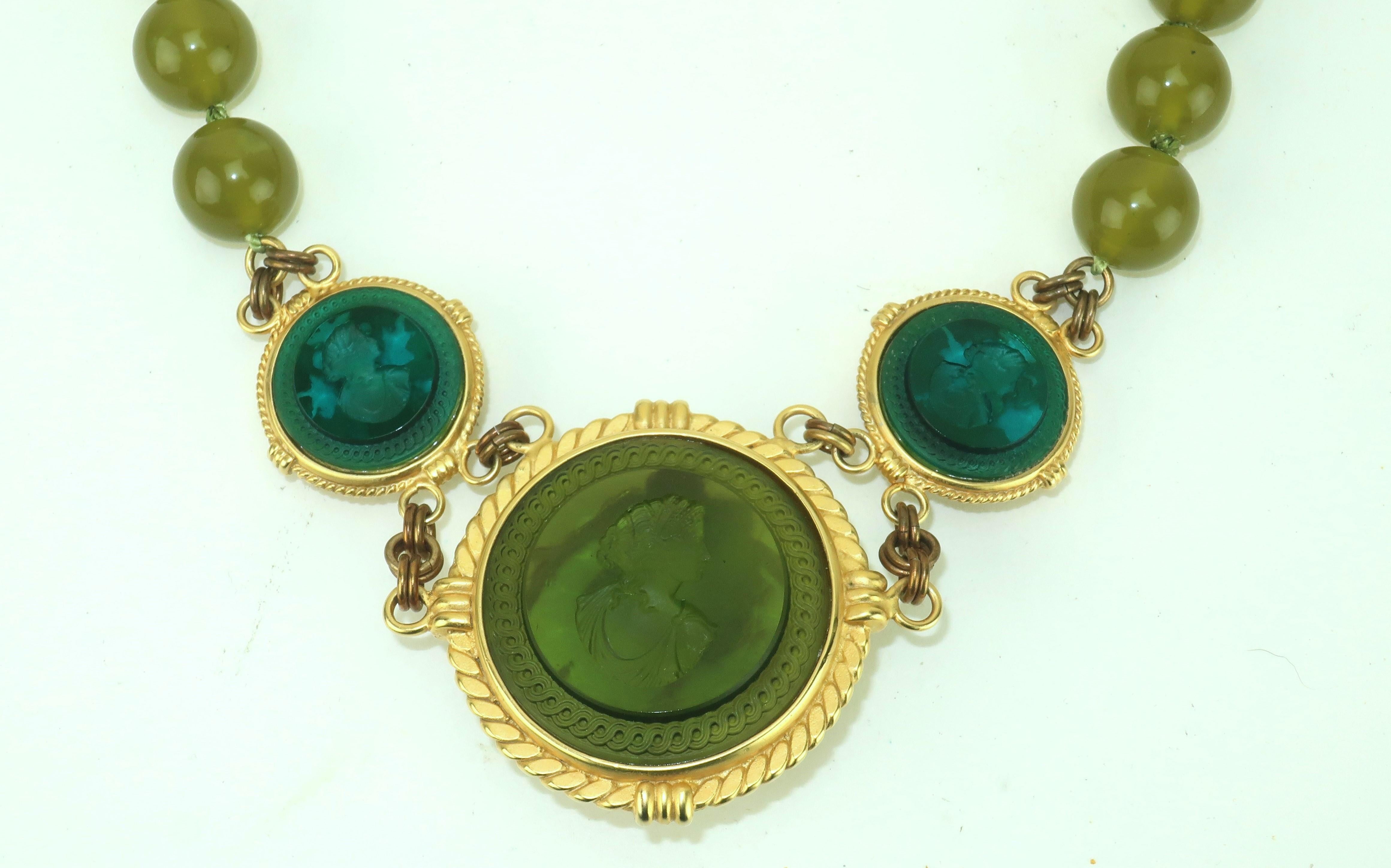 Neoclassical EXTASIA Victorian Inspired Classical Green Glass Intaglio Necklace, 1990’s