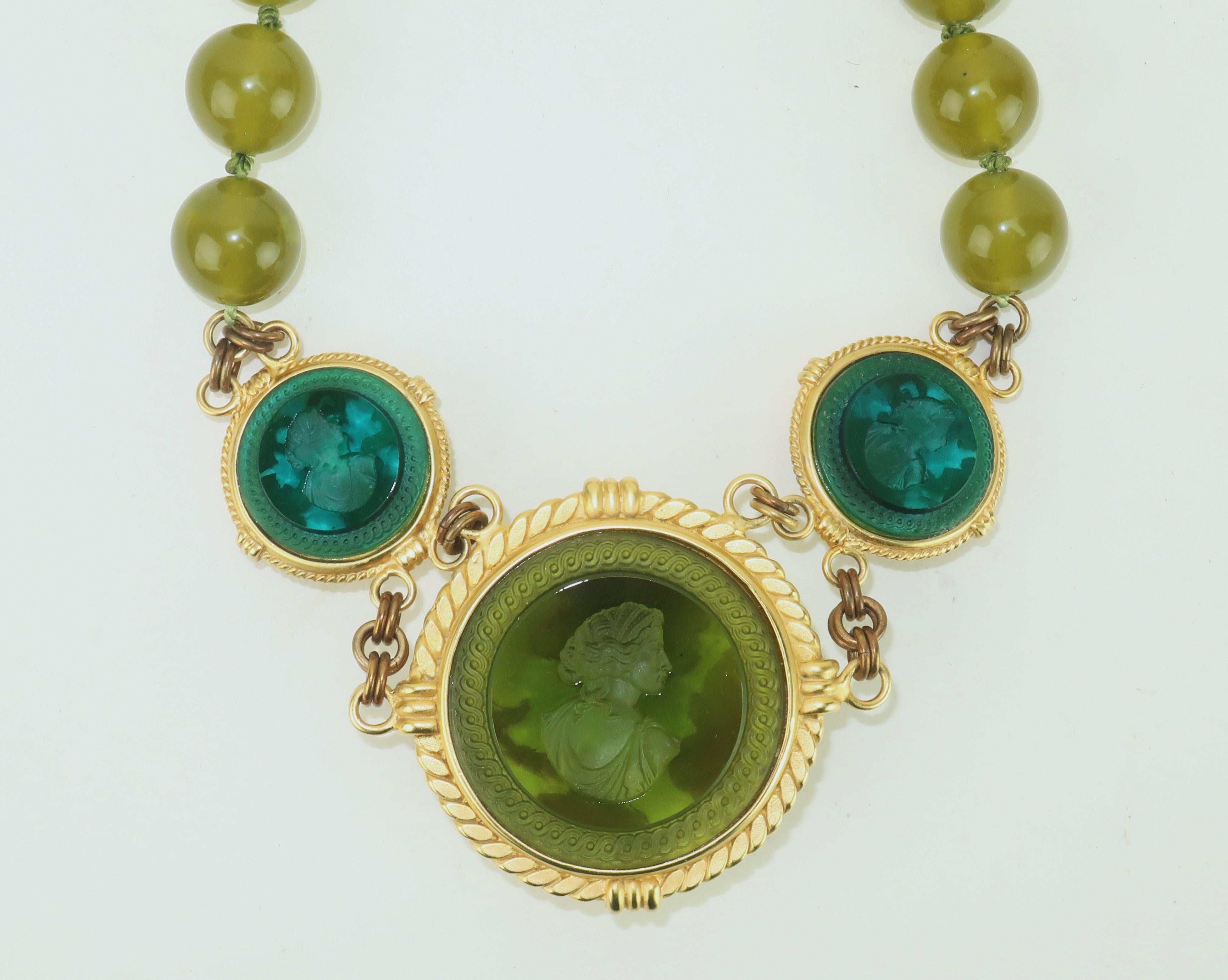 EXTASIA Victorian Inspired Classical Green Glass Intaglio Necklace, 1990’s In Good Condition In Atlanta, GA