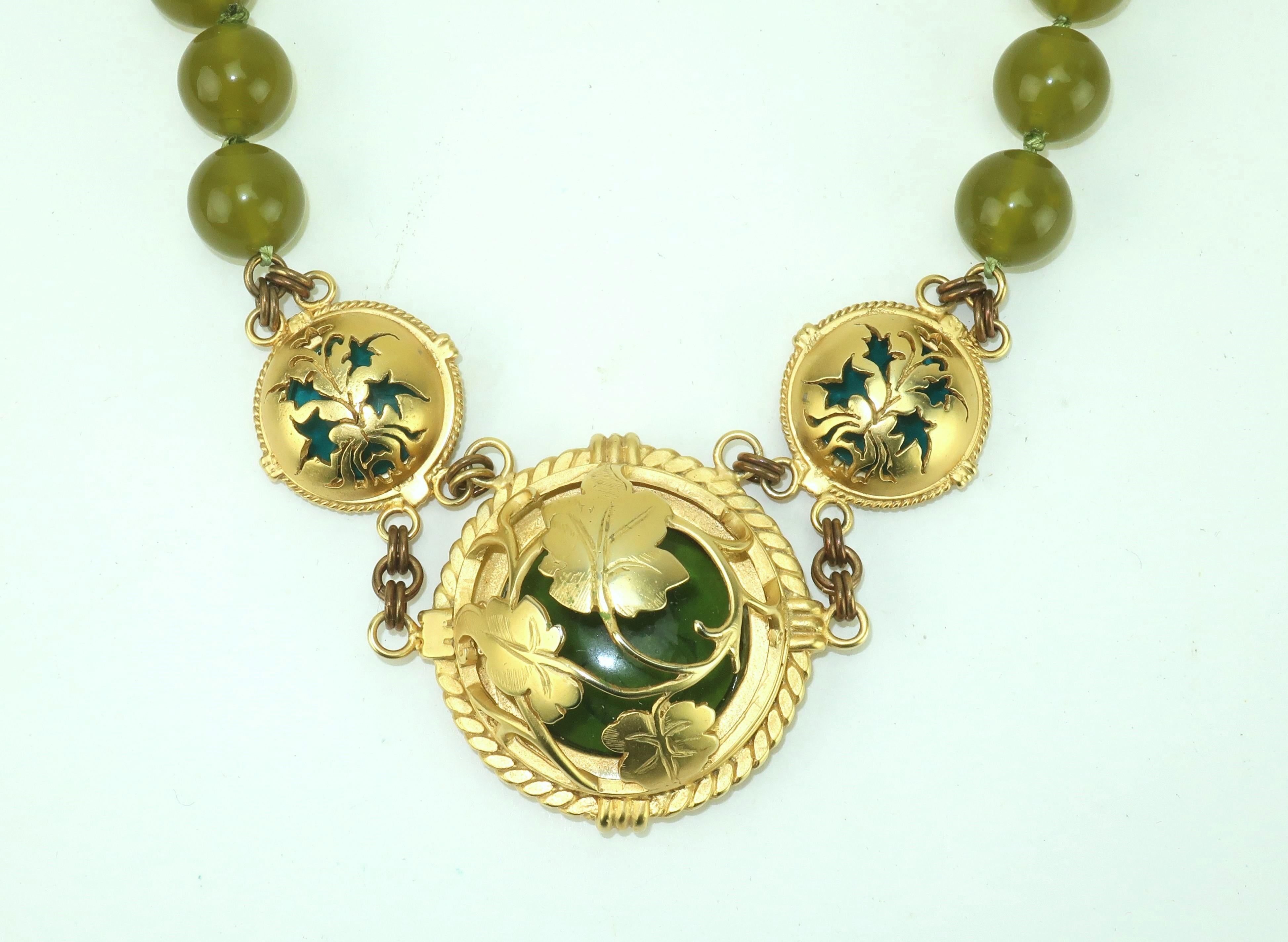 EXTASIA Victorian Inspired Classical Green Glass Intaglio Necklace, 1990’s 2