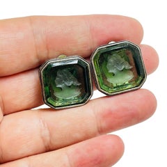 EXTASIA vintage silver tone green glass intaglio cameo designer clip on earrings