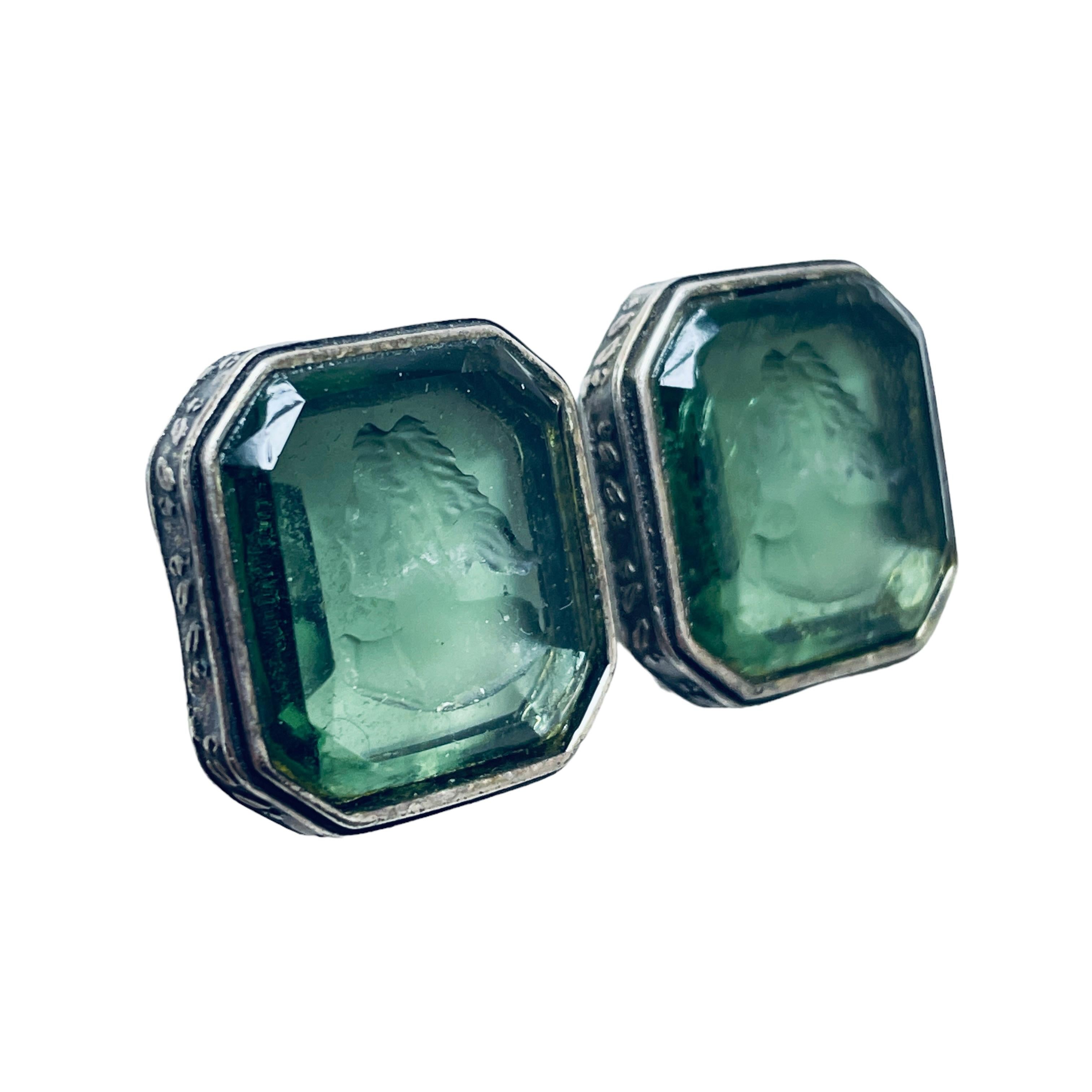 EXTASIA vintage silver tone green glass intaglio cameo designer clip on earrings For Sale 1