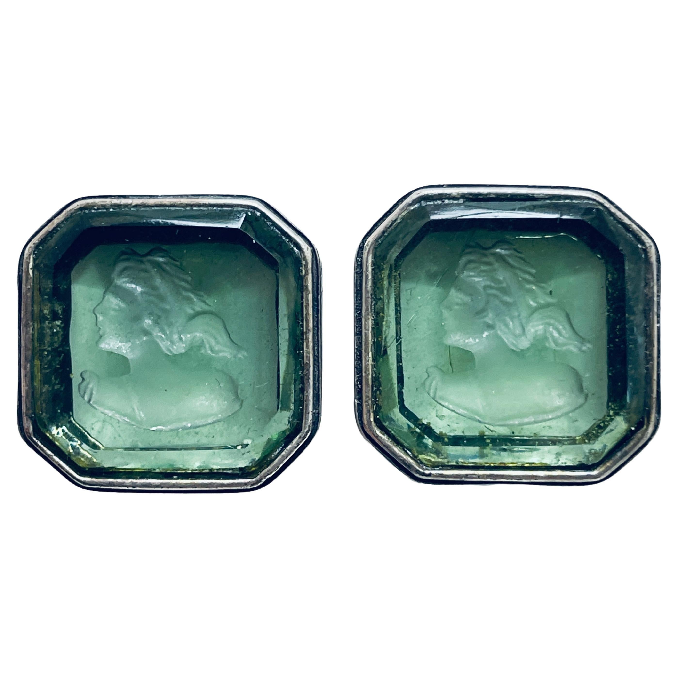 EXTASIA vintage silver tone green glass intaglio cameo designer clip on earrings For Sale
