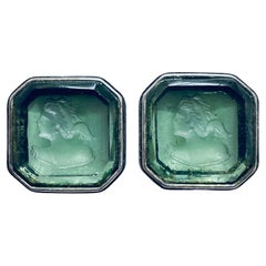EXTASIA vintage silver tone green glass intaglio cameo designer clip on earrings