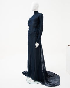 Exte	Ealr 90s Teal One-shoulder silky evening dress with train