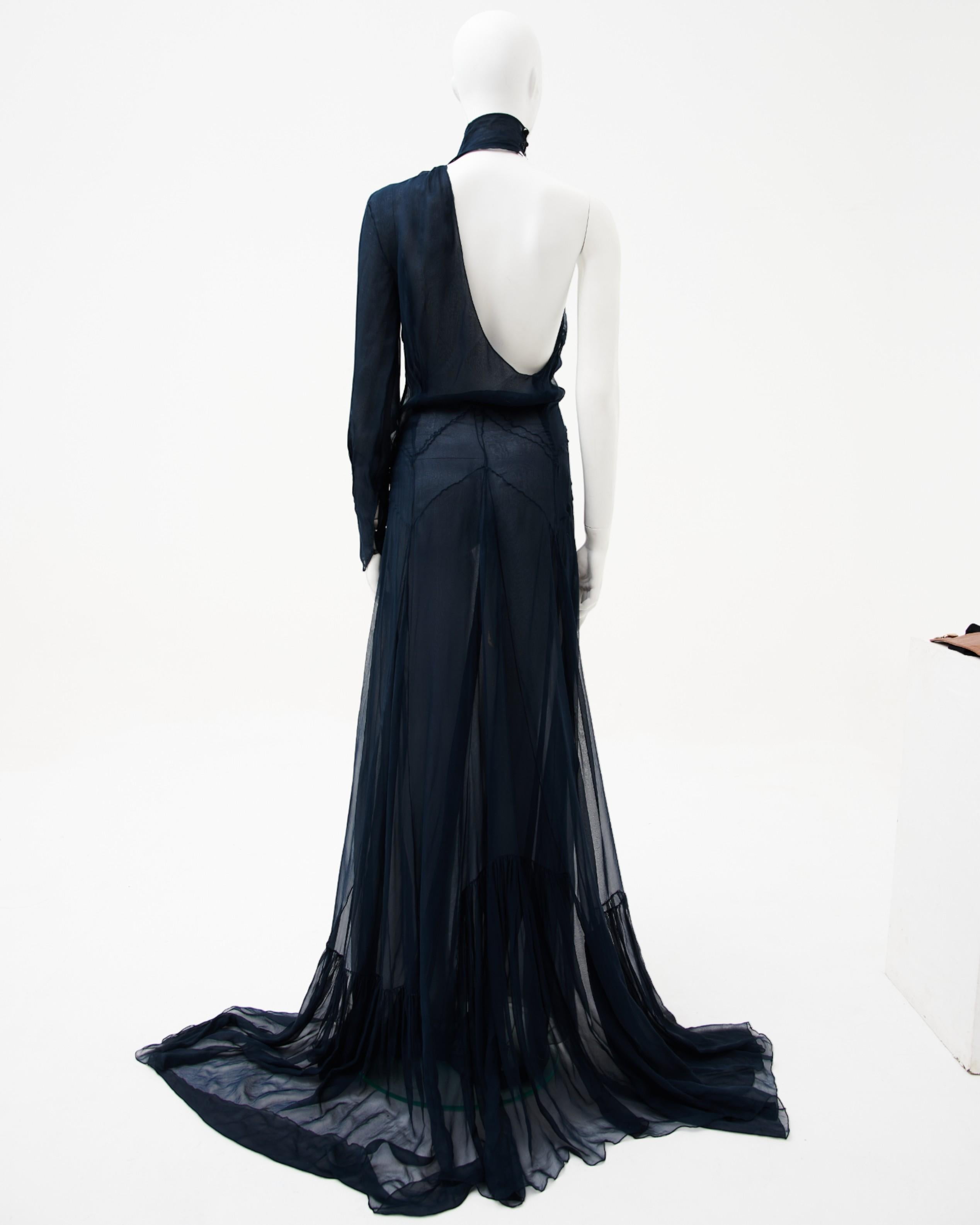 Black Exte	Ealr 90s Teal One-shoulder silky evening dress with train For Sale