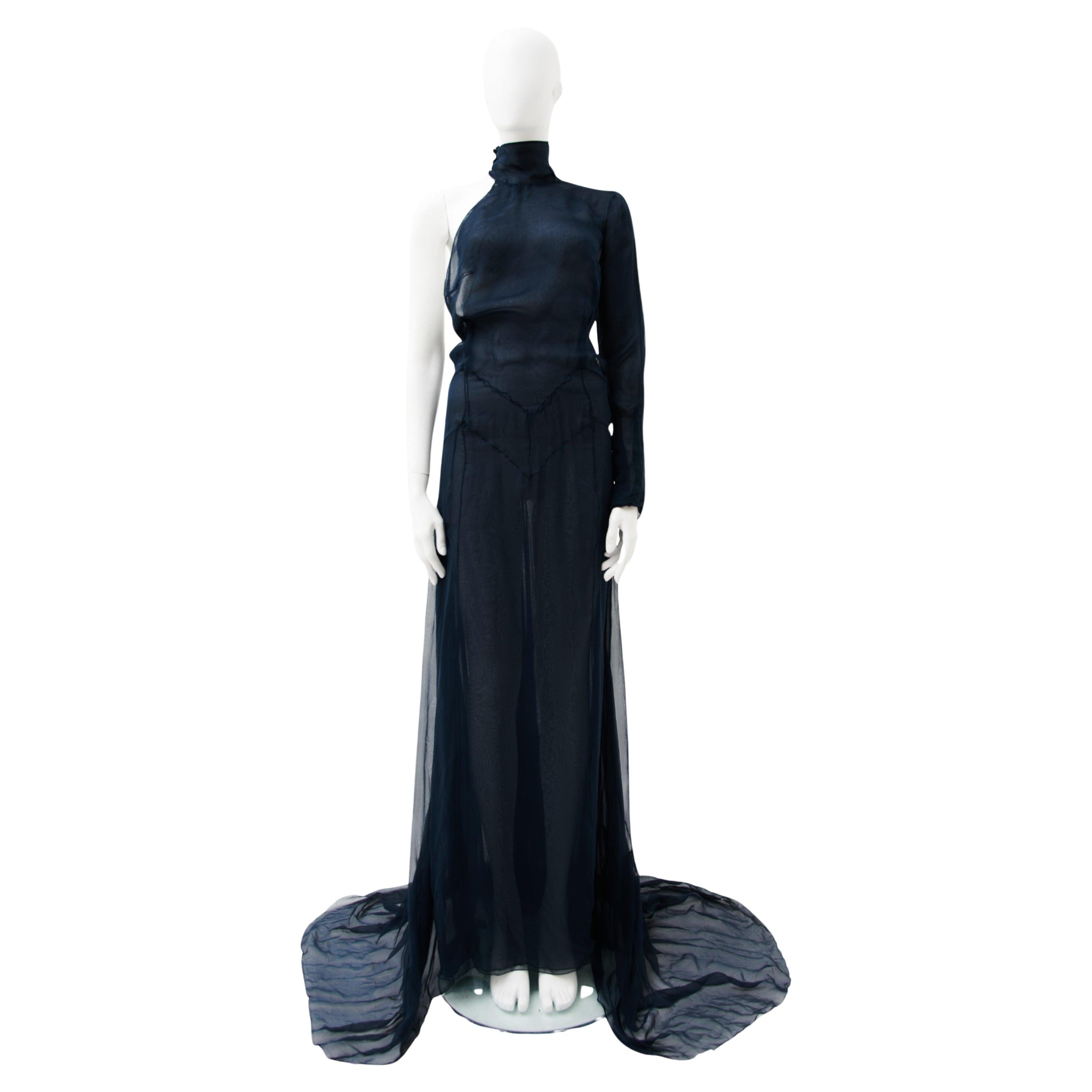 Exte	Ealr 90s Teal One-shoulder silky evening dress with train For Sale
