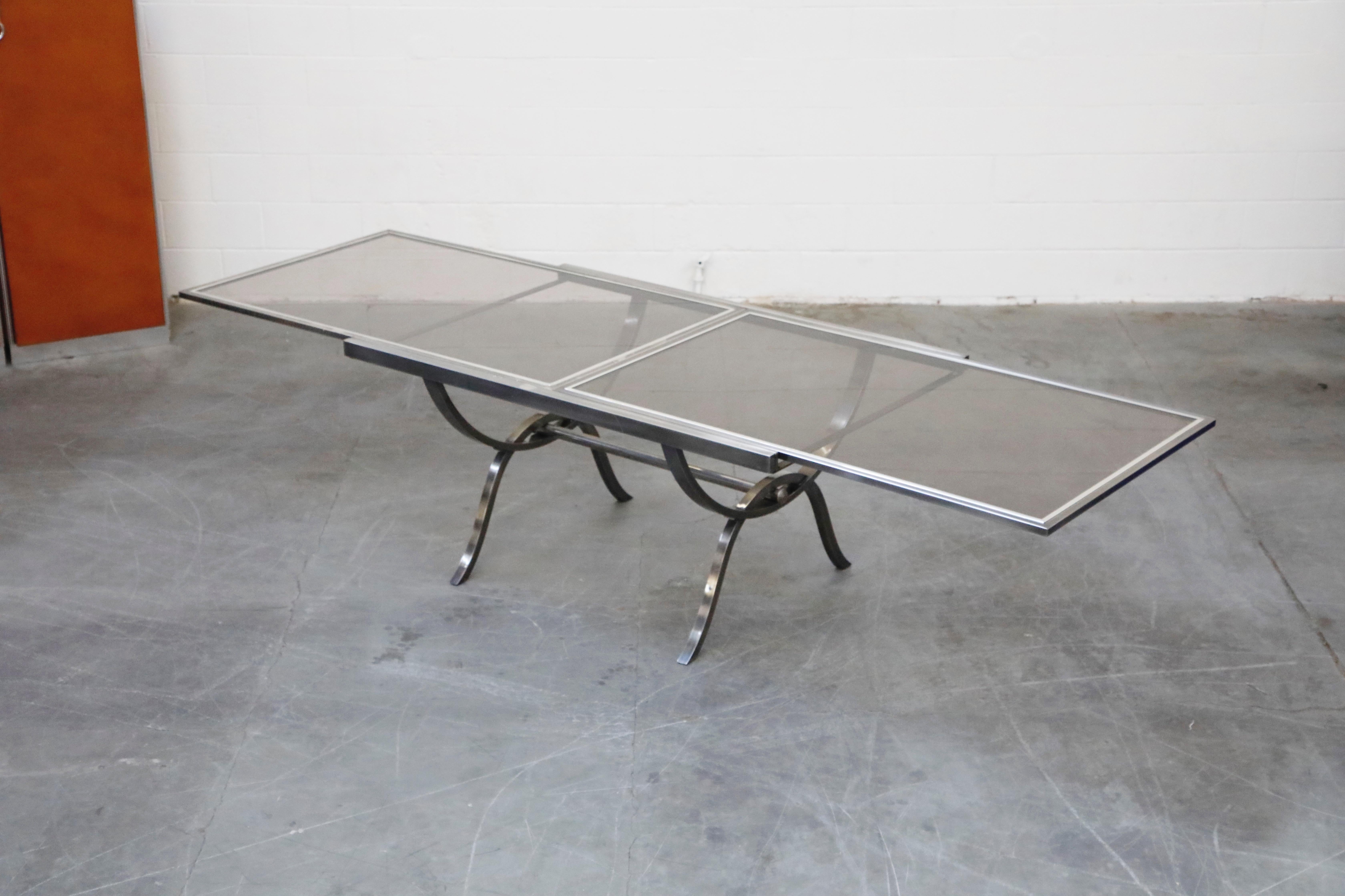 American Extendable and Retractable Steel and Glass Dining Table, 1980