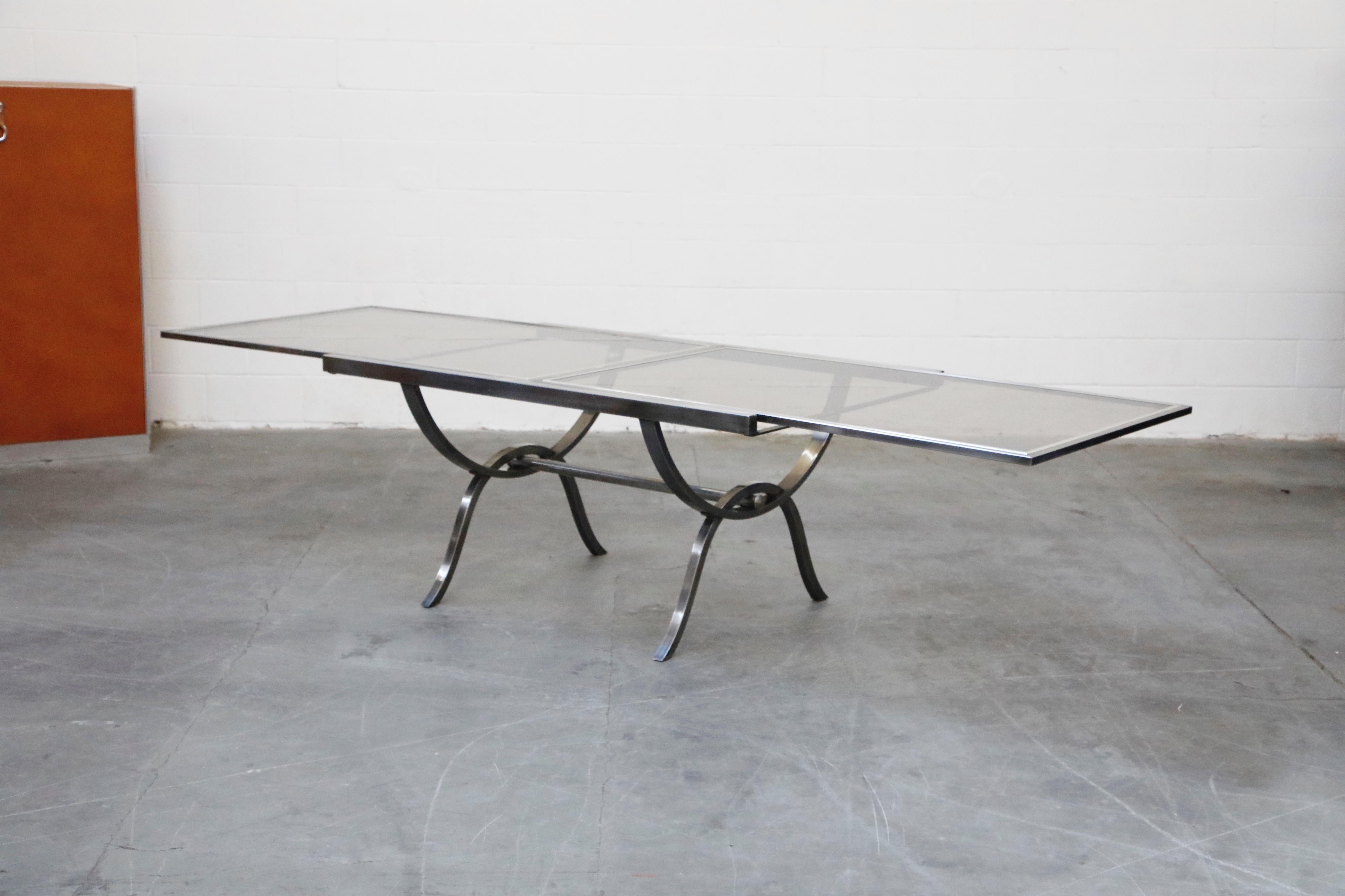 Extendable and Retractable Steel and Glass Dining Table, 1980 In Good Condition In Los Angeles, CA