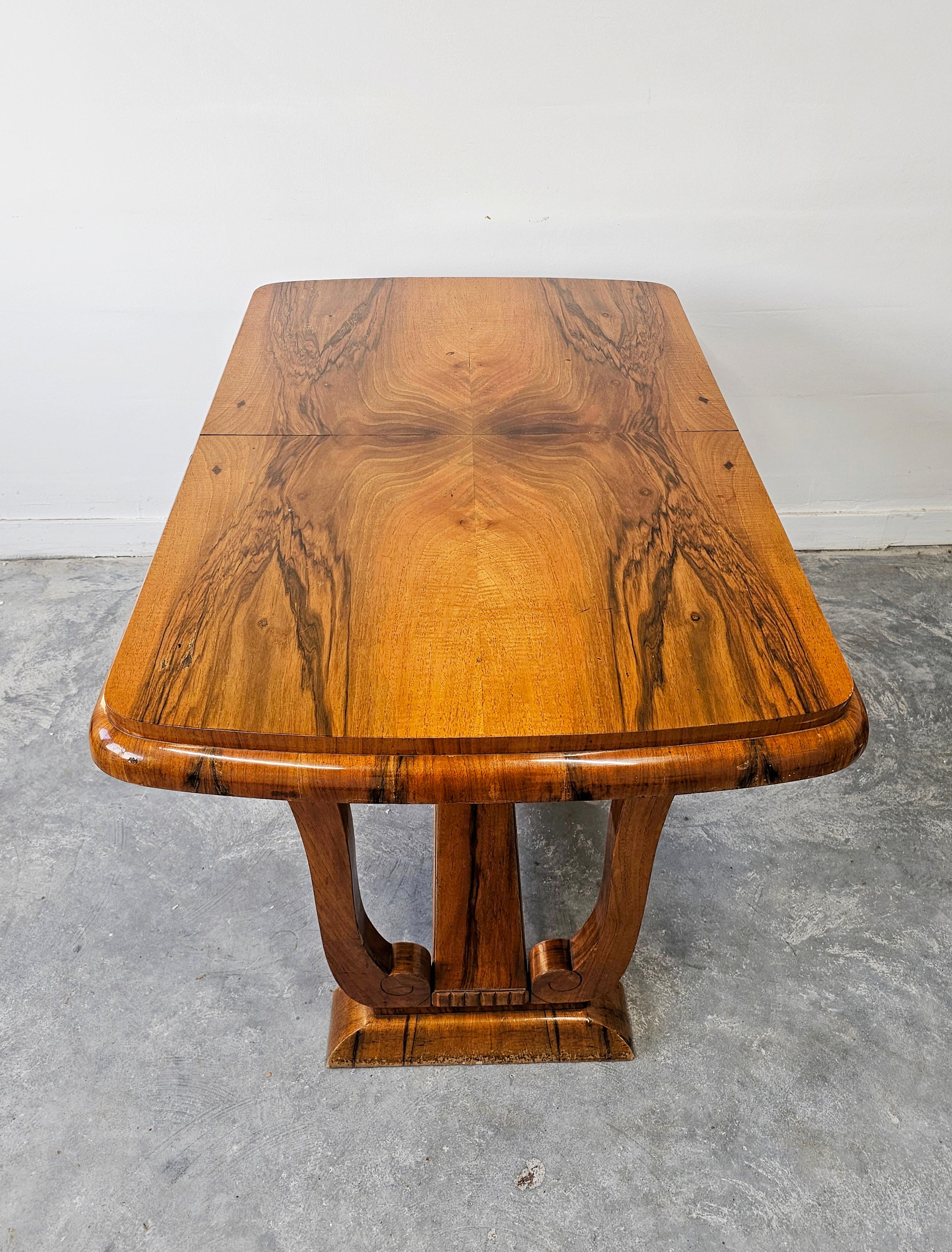 Extendable Art Deco dining table with harp-shade legs done in walnut root veneer For Sale 5