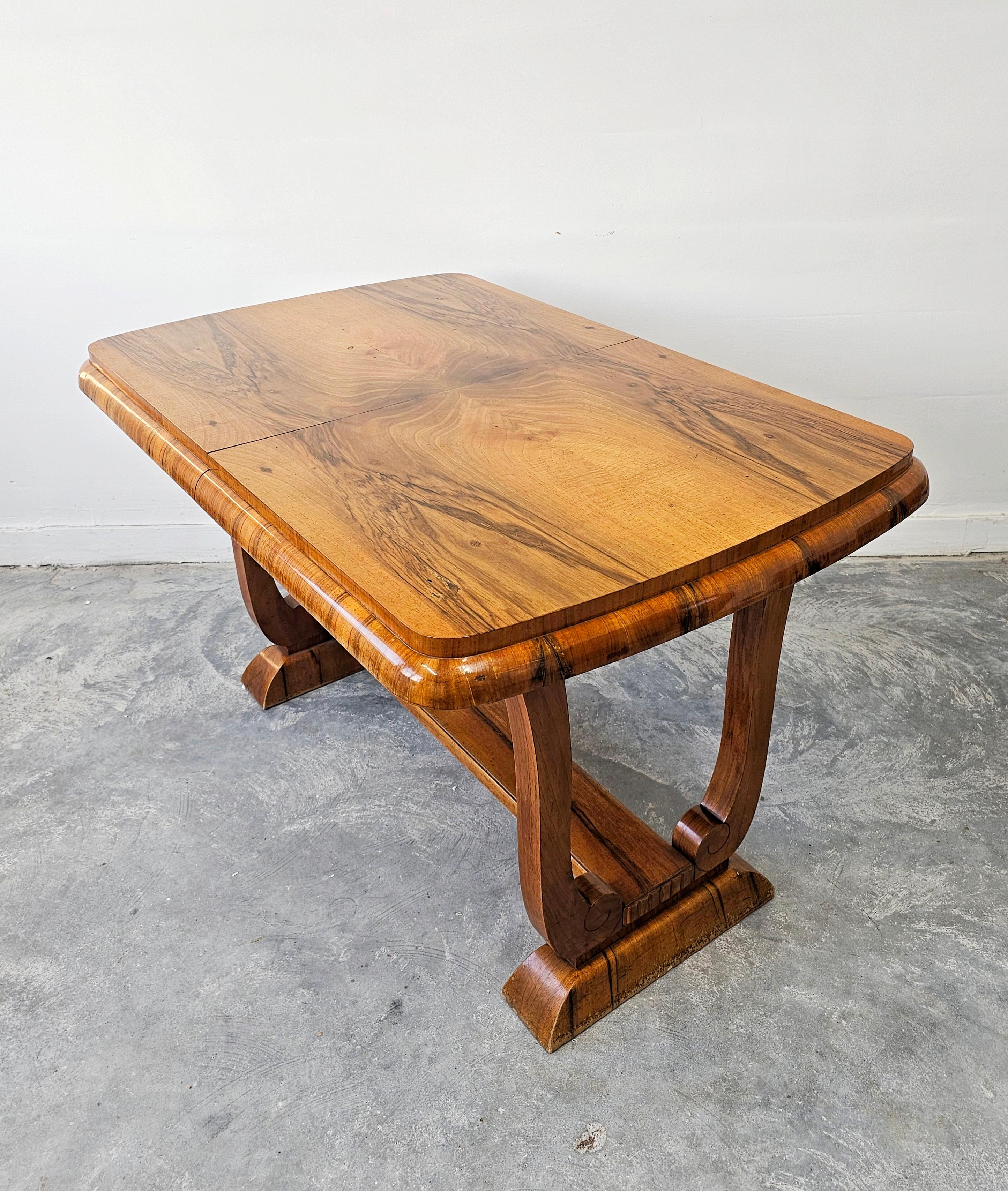 Extendable Art Deco dining table with harp-shade legs done in walnut root veneer For Sale 6
