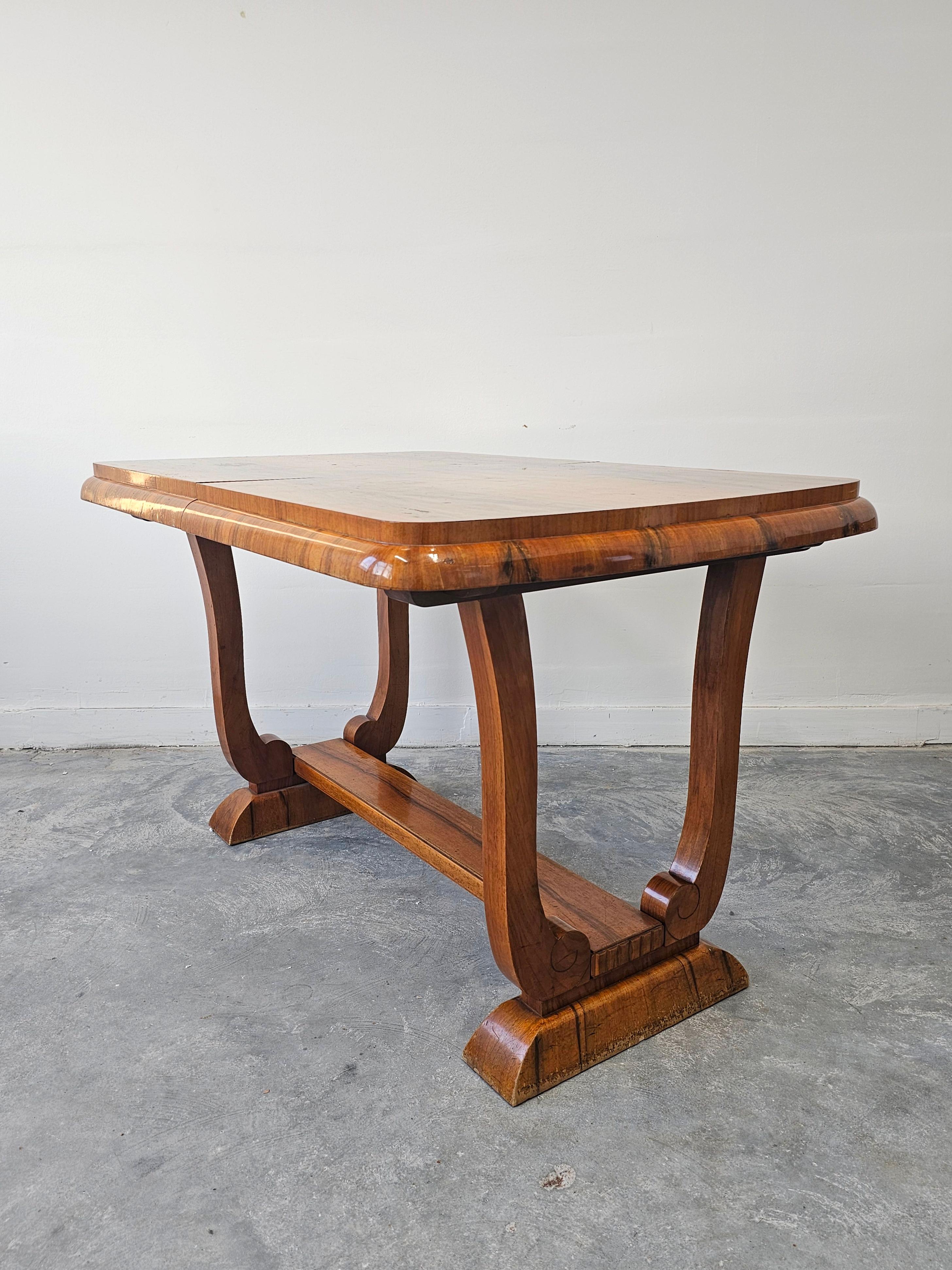 Extendable Art Deco dining table with harp-shade legs done in walnut root veneer For Sale 7