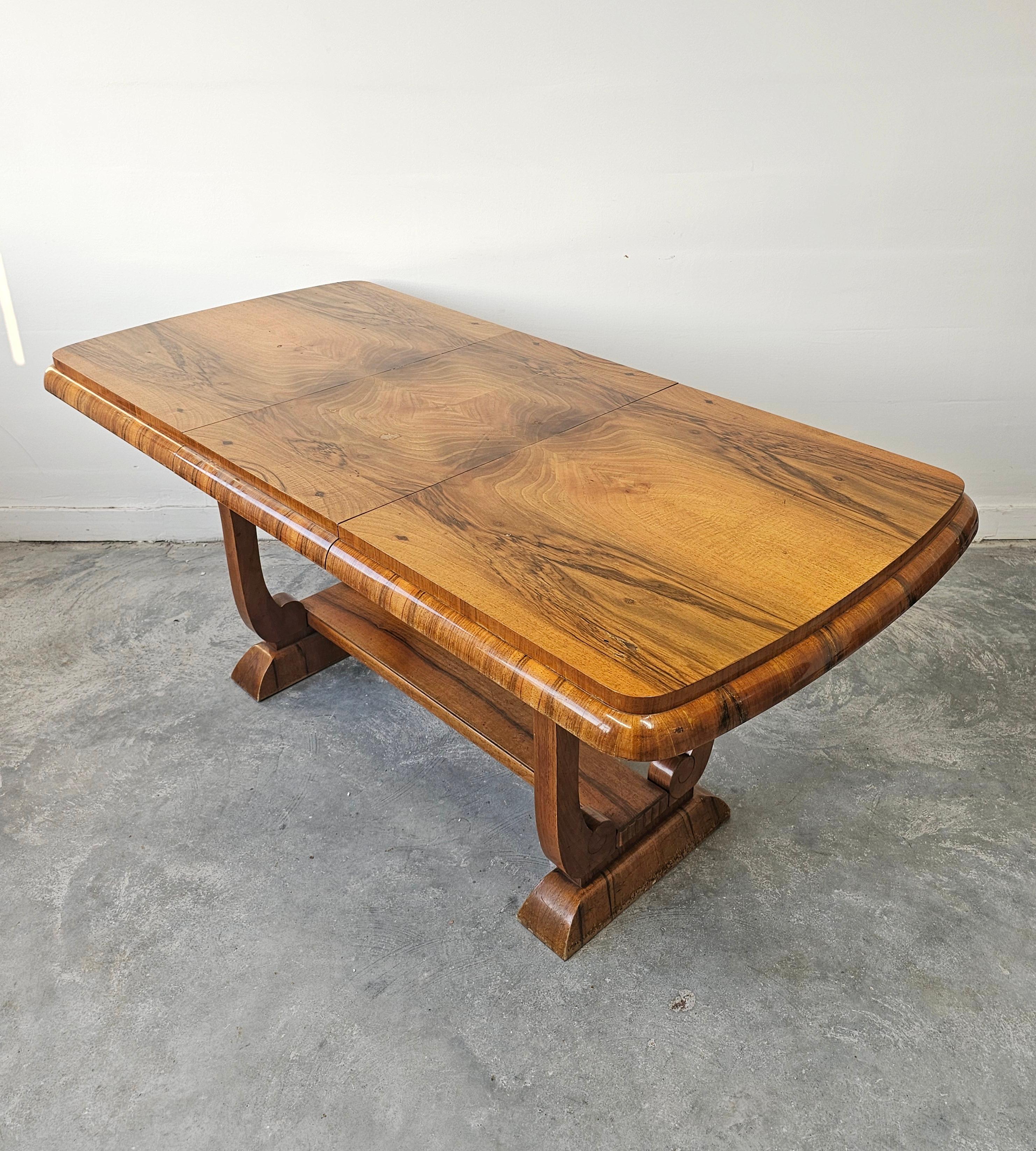 Extendable Art Deco dining table with harp-shade legs done in walnut root veneer For Sale 8