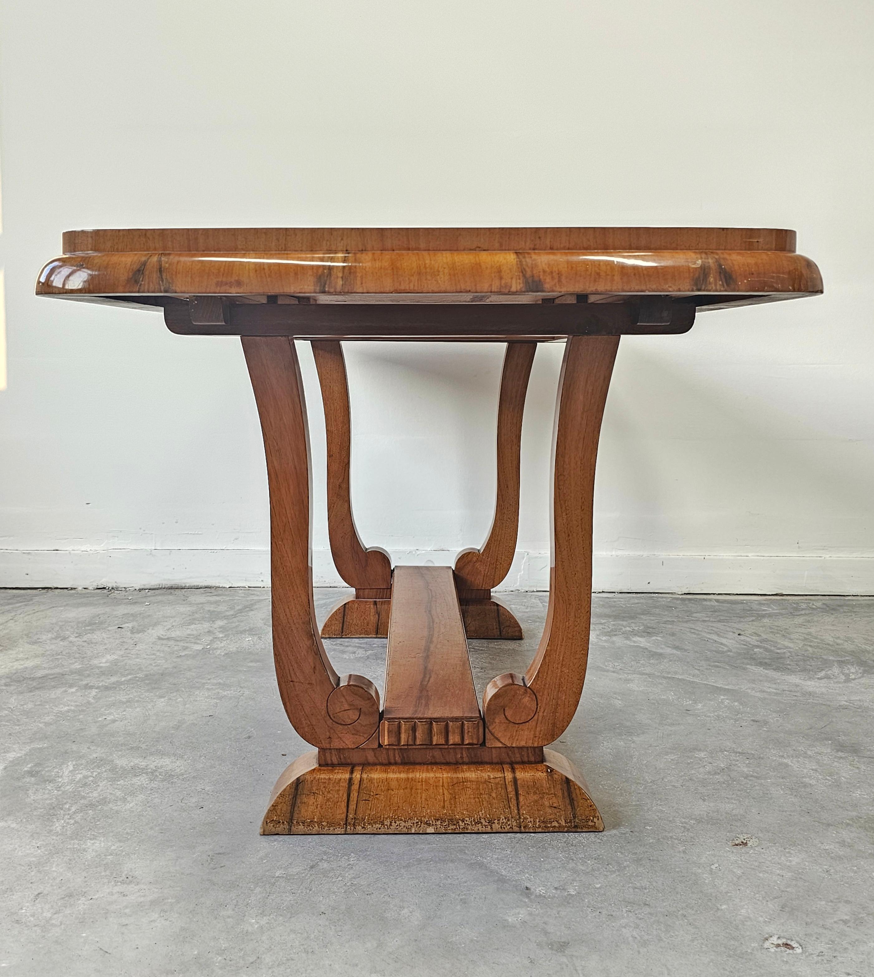 Extendable Art Deco dining table with harp-shade legs done in walnut root veneer For Sale 13