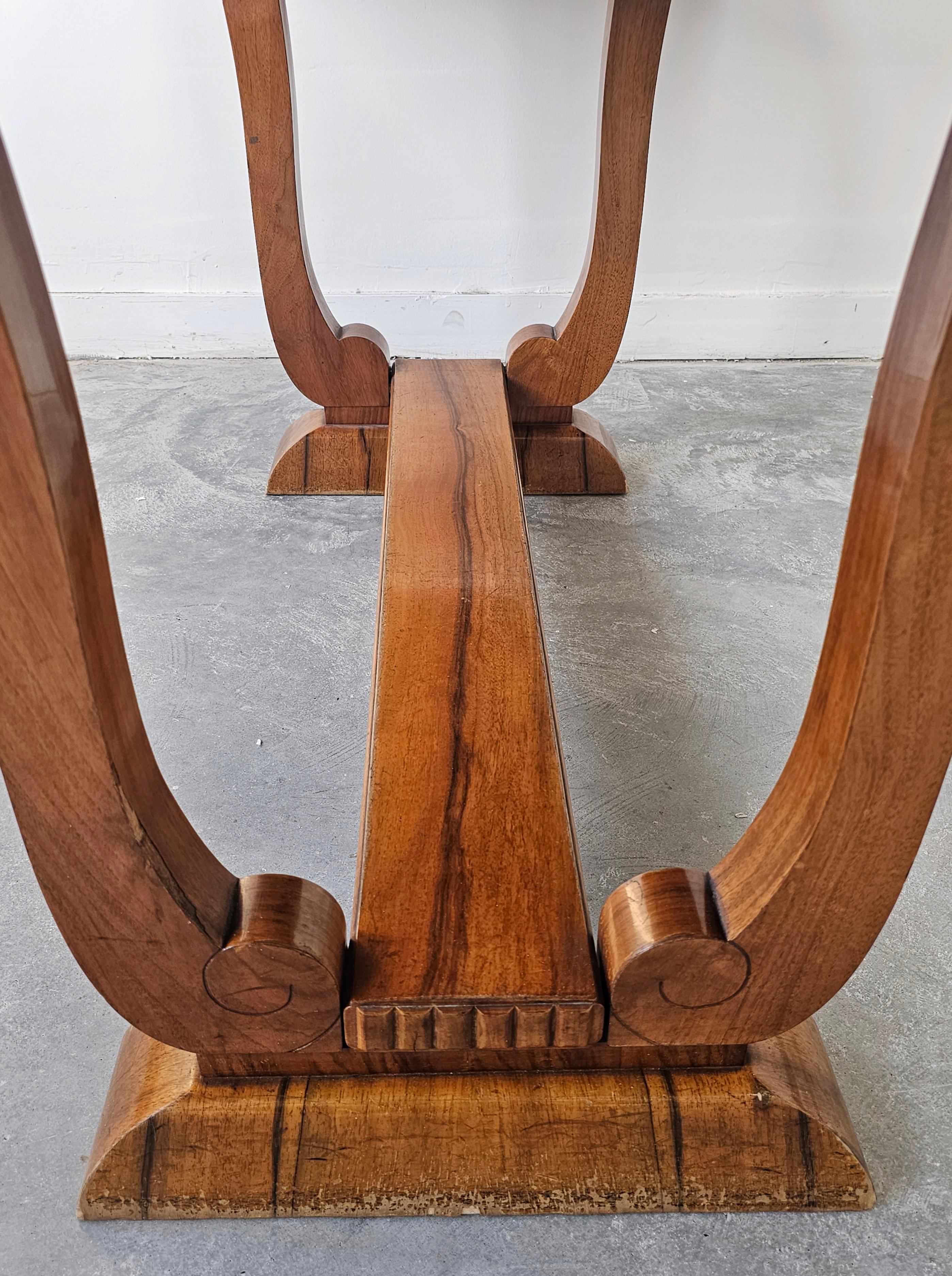 Extendable Art Deco dining table with harp-shade legs done in walnut root veneer For Sale 14