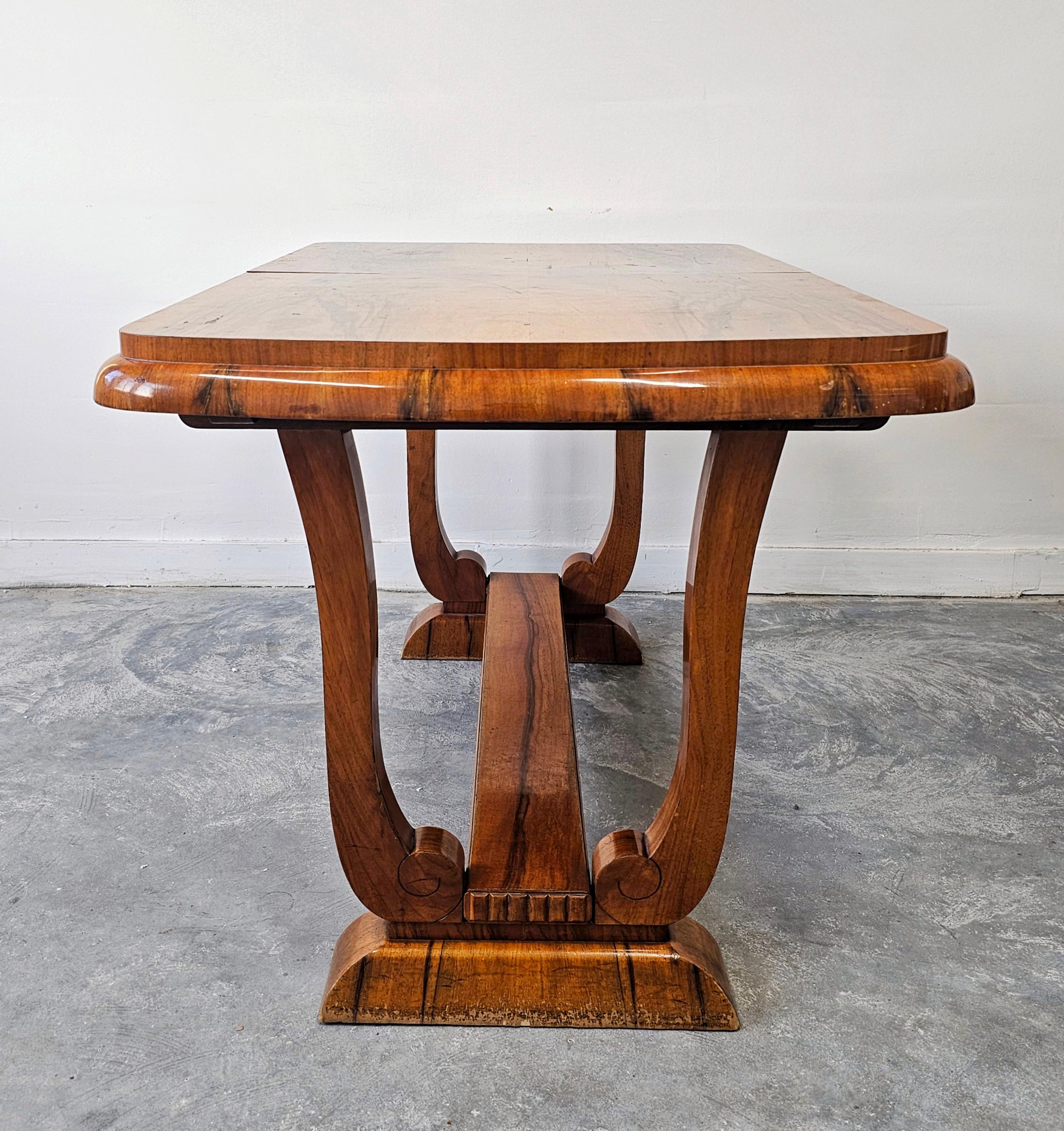 Extendable Art Deco dining table with harp-shade legs done in walnut root veneer For Sale 1