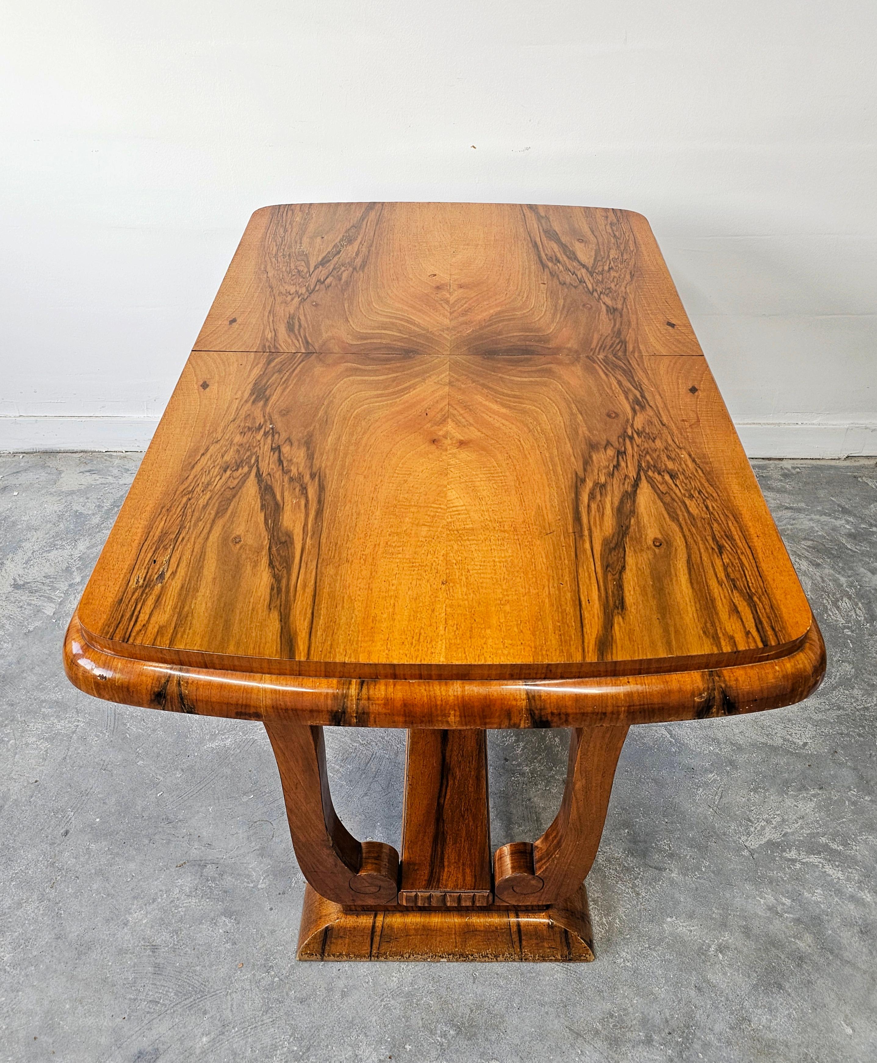 Extendable Art Deco dining table with harp-shade legs done in walnut root veneer For Sale 2