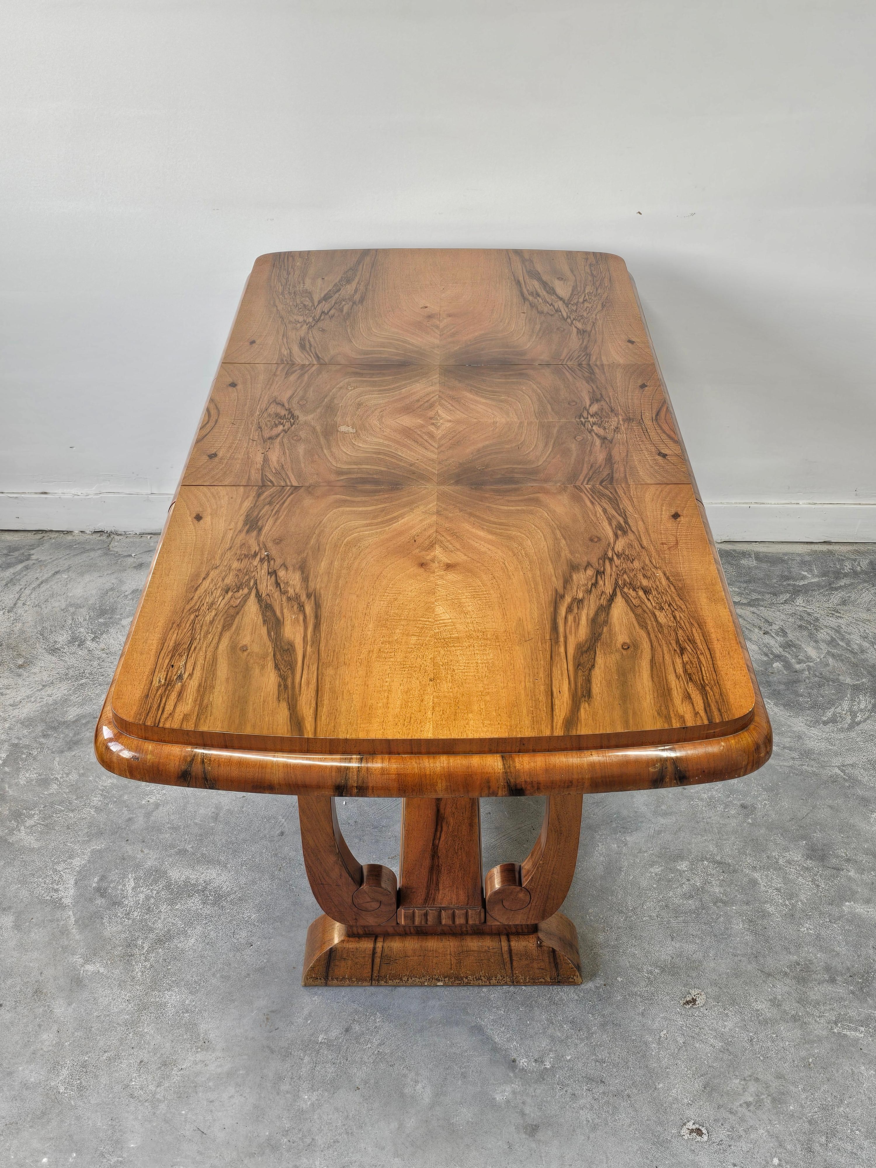 Extendable Art Deco dining table with harp-shade legs done in walnut root veneer For Sale 3