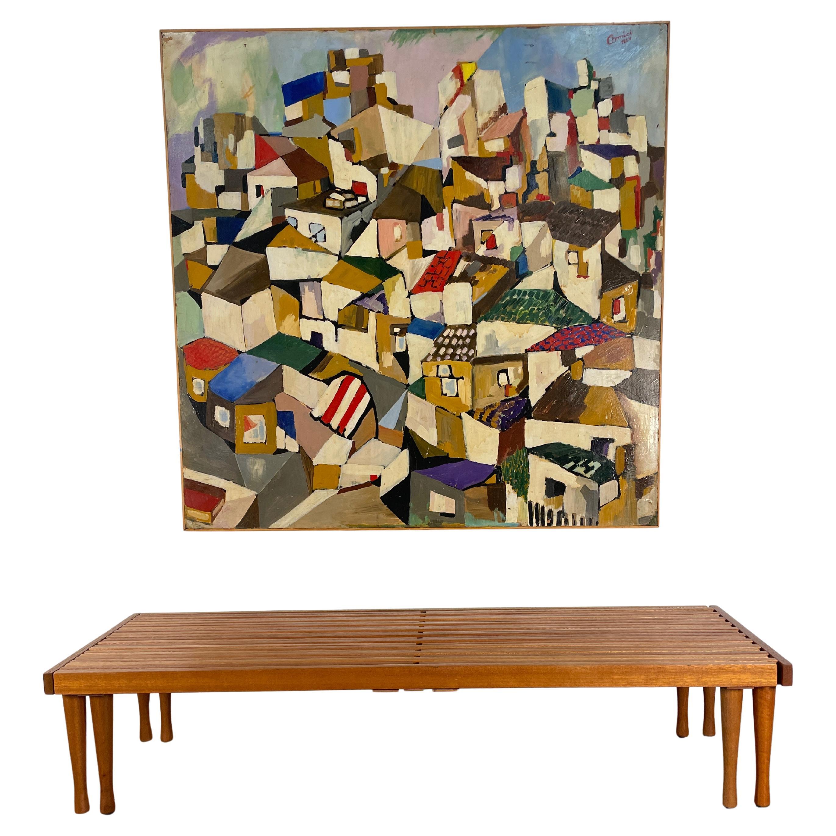 John Keal designed this extendable bench in mahogany for Brown Saltman. We have restored it to excellent vintage condition. This ingenious design has two ends that pull-out extending to almost 94” long. This is the perfect piece for an entryway for