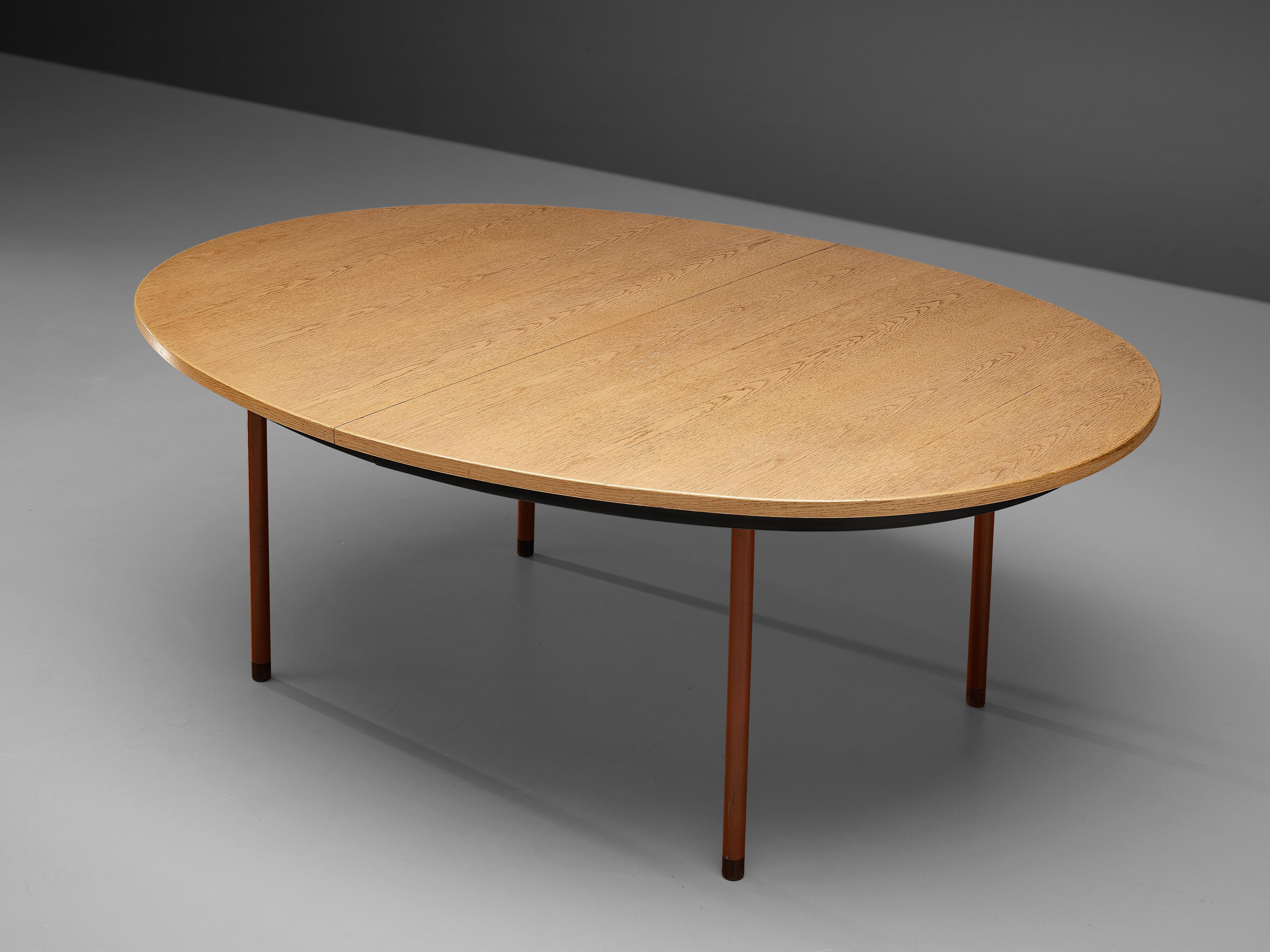 Scandinavian Modern Hans Wegner Extendable Dining Table in Oak with Red Metal Legs