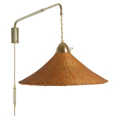 Extendable J.T. Kalmar Brass and Rattan Wall Light, Austria, circa 1950