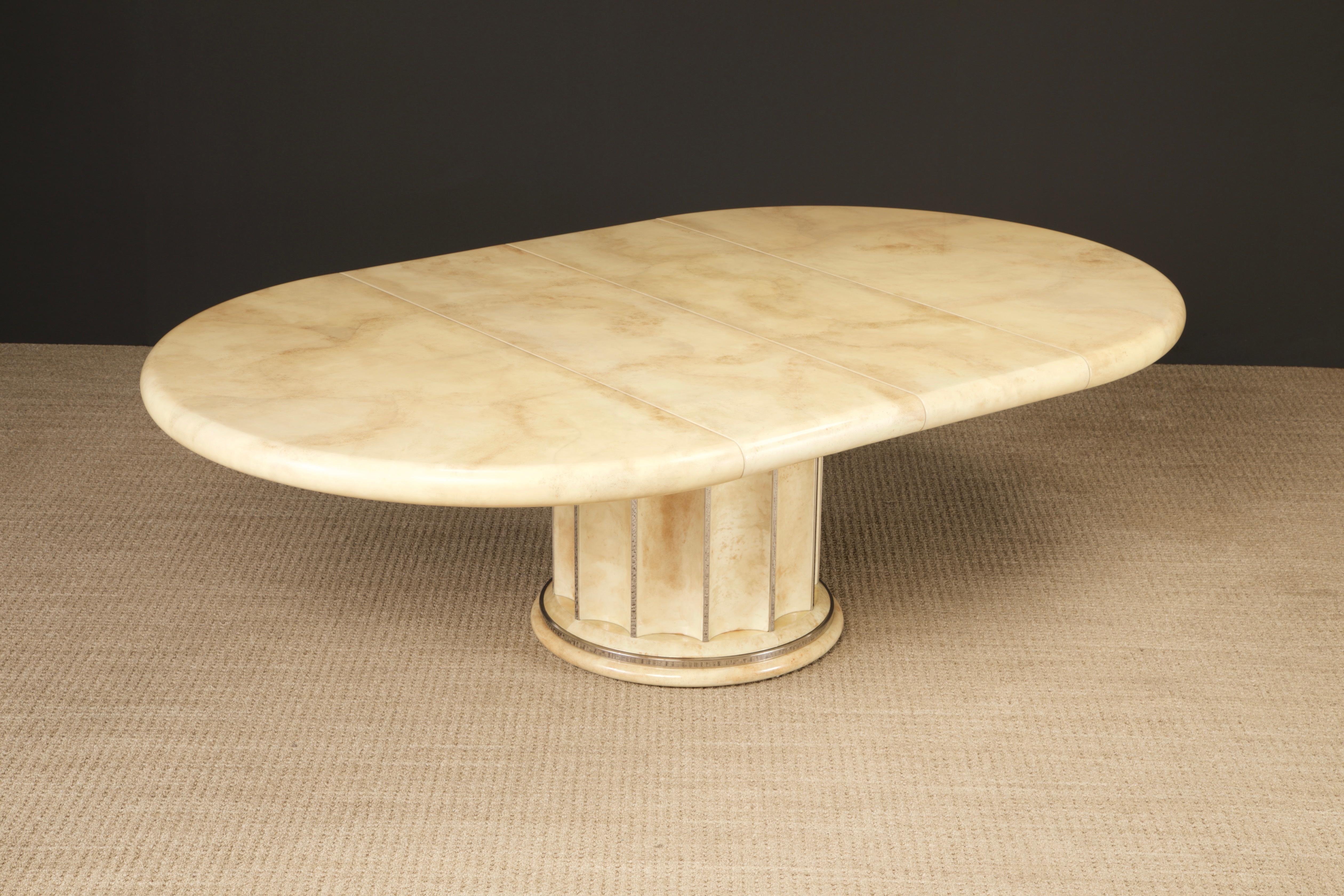Extendable Lacquered Goatskin Dining Table, c 1970, Restored w French Polish In Excellent Condition For Sale In Los Angeles, CA