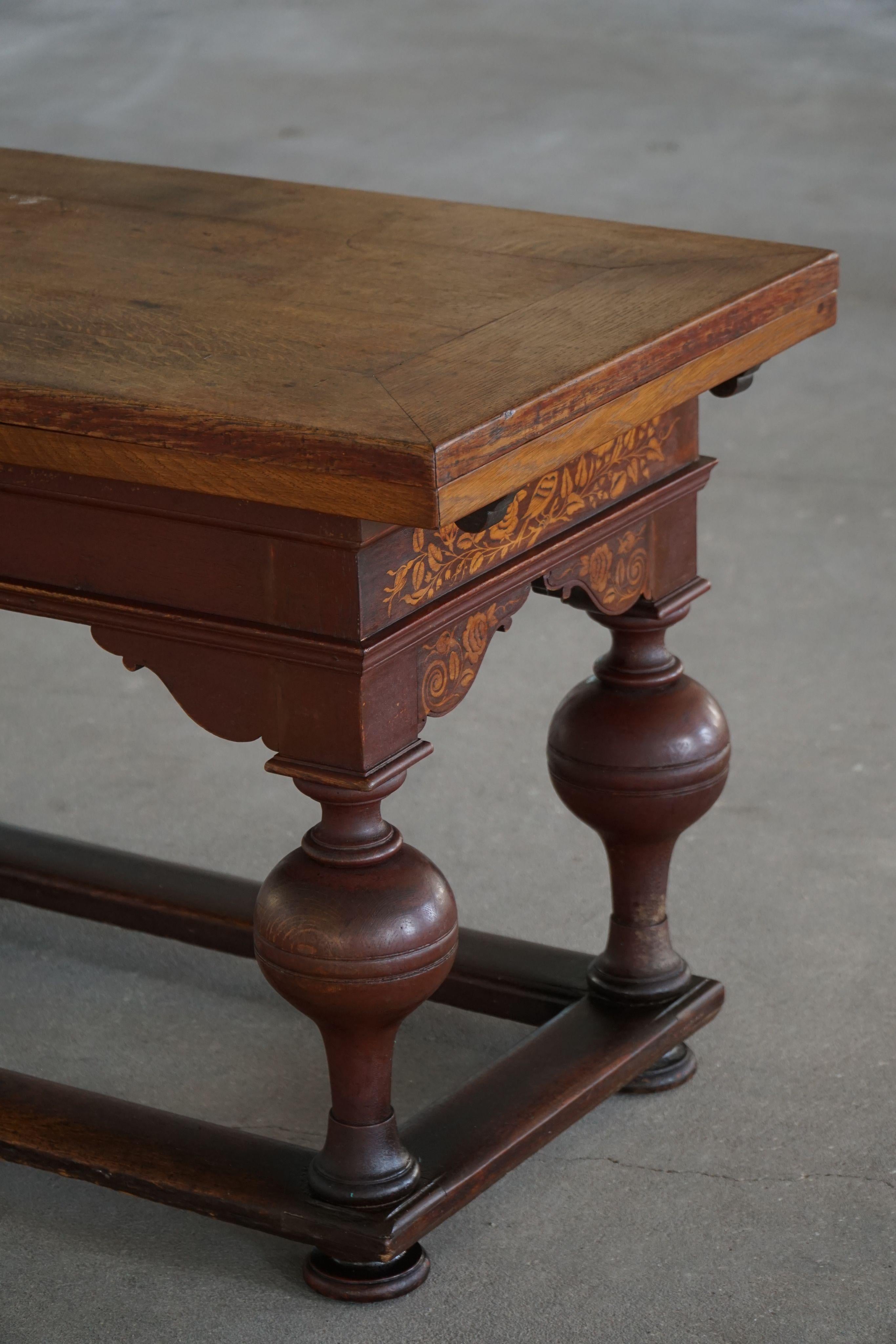 Mesa Extensible de Roble con Intarsia, Barroca, Ebanista Danés, Siglo XIX en venta 4