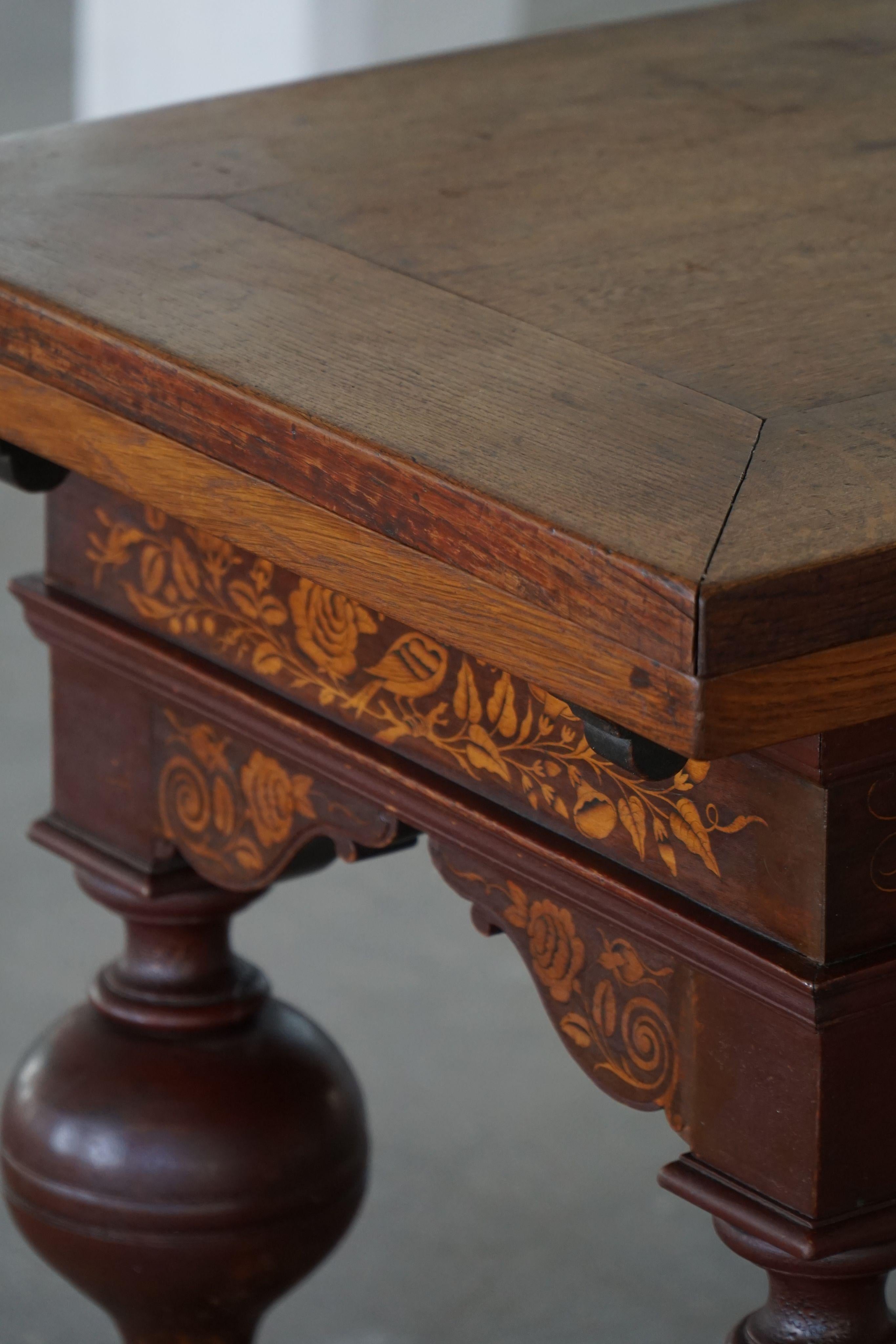 Mesa Extensible de Roble con Intarsia, Barroca, Ebanista Danés, Siglo XIX en venta 9