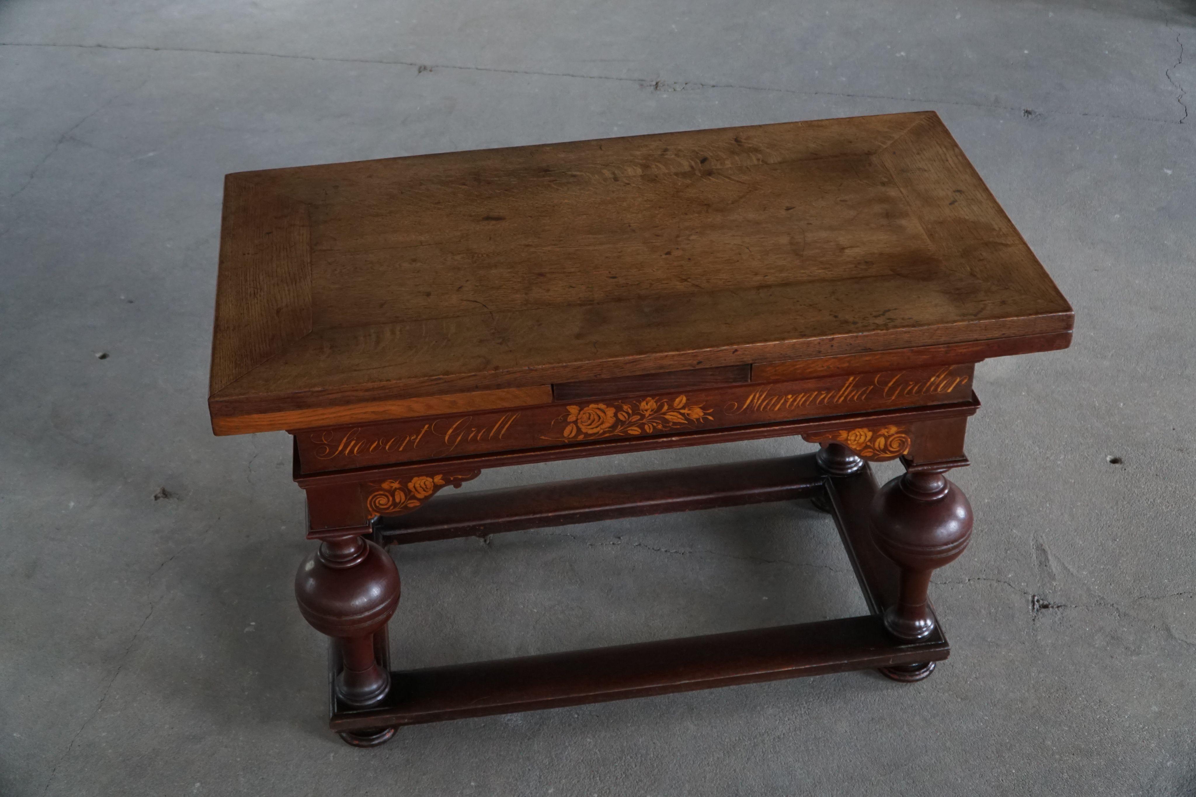 Mesa Extensible de Roble con Intarsia, Barroca, Ebanista Danés, Siglo XIX Barroco en venta