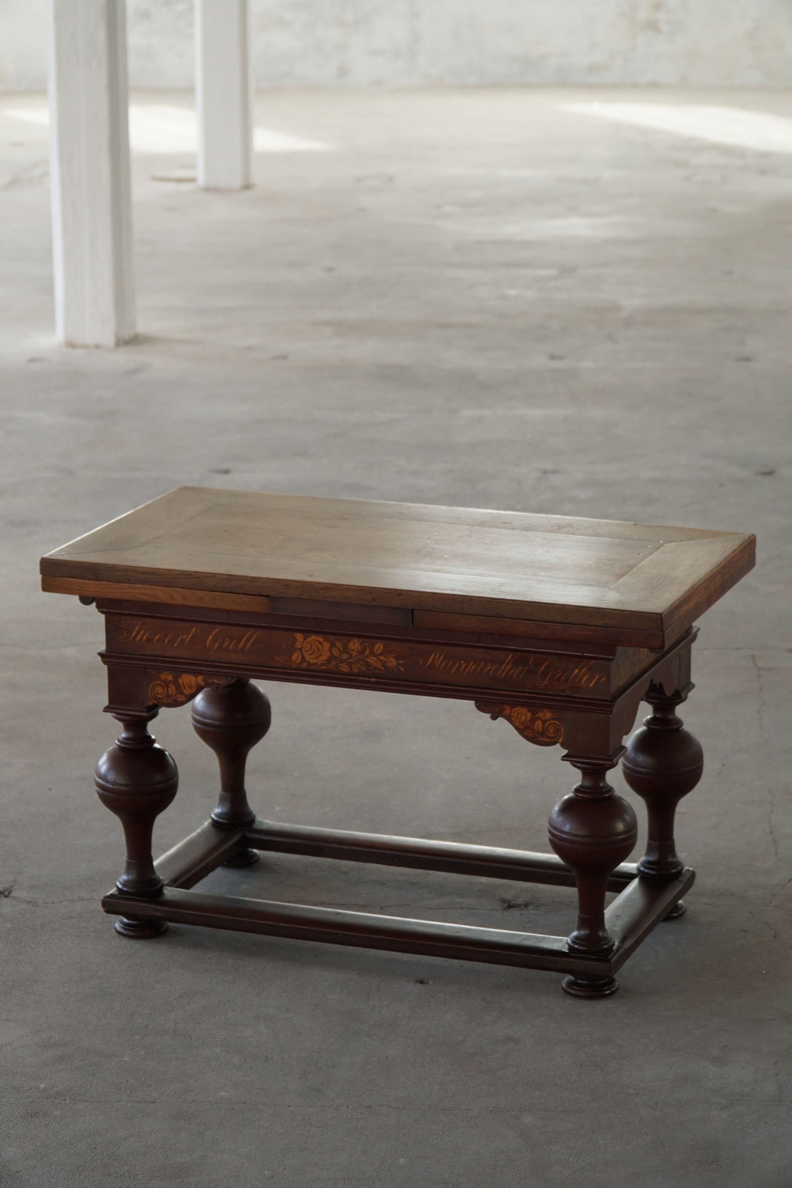 Mesa Extensible de Roble con Intarsia, Barroca, Ebanista Danés, Siglo XIX en Bueno estado para la venta en Odense, DK