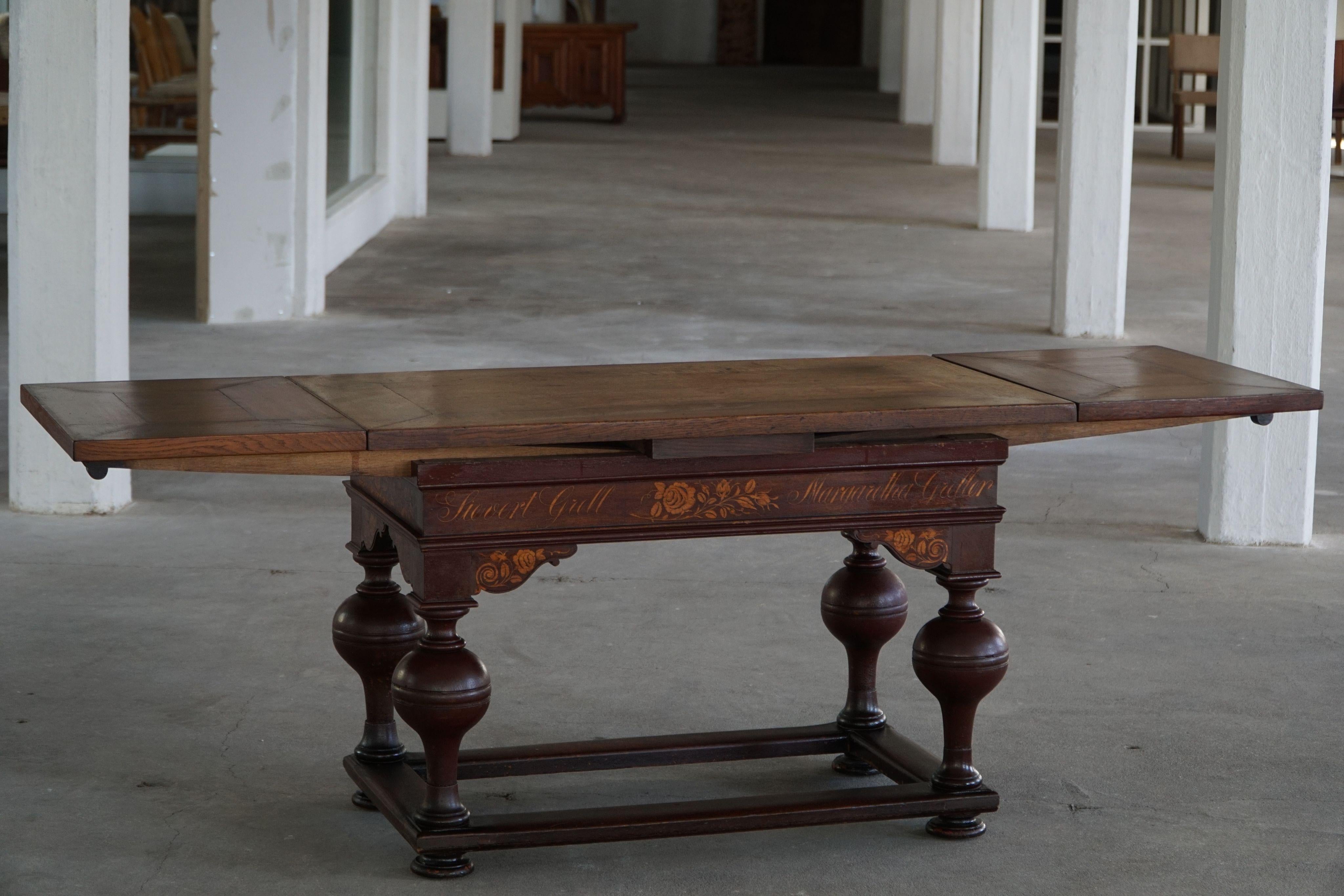 Mesa Extensible de Roble con Intarsia, Barroca, Ebanista Danés, Siglo XIX siglo XIX en venta