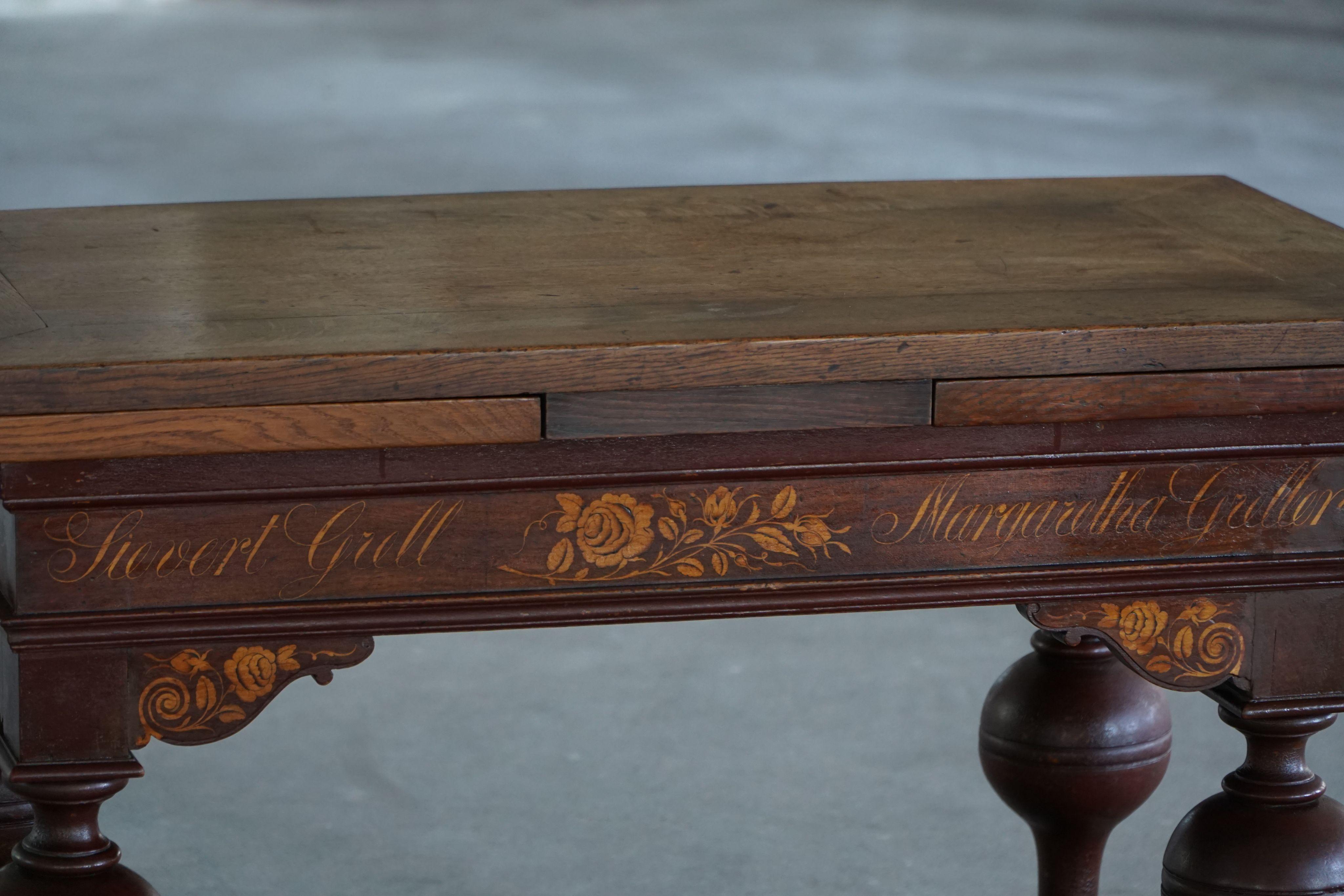 Mesa Extensible de Roble con Intarsia, Barroca, Ebanista Danés, Siglo XIX en venta 1