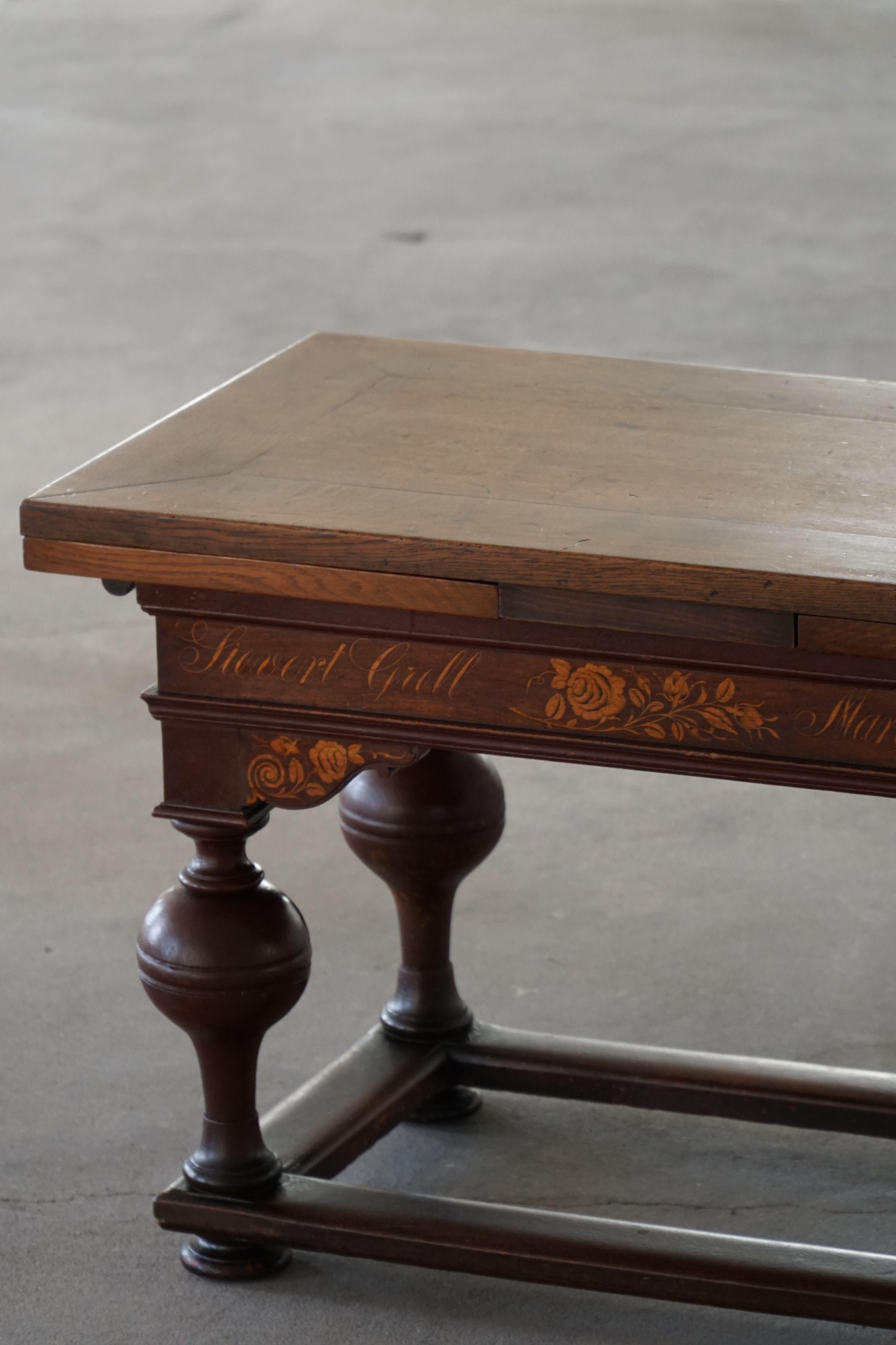 Mesa Extensible de Roble con Intarsia, Barroca, Ebanista Danés, Siglo XIX en venta 2