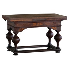 Table à rallonge en Oak avec Intarsia, baroque, ébénisterie danoise, 19e siècle