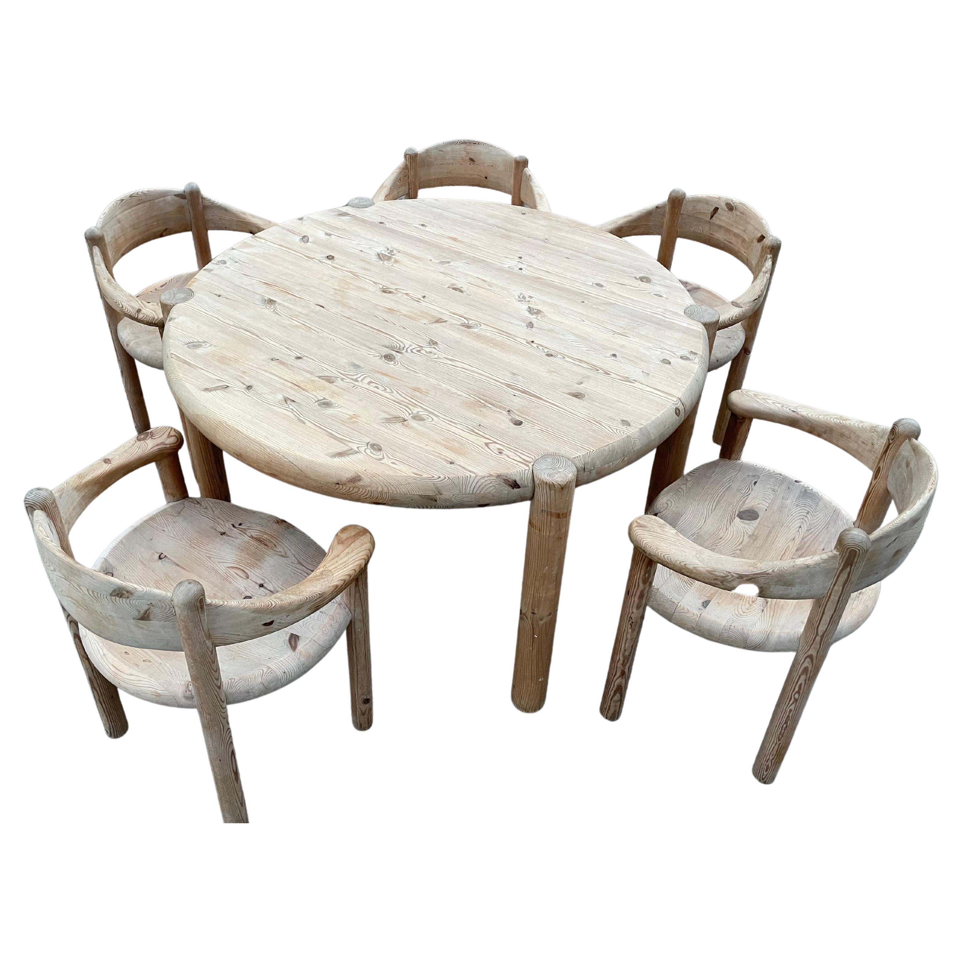 Extendable Round Dining Room Set by Rainer Daumiller Brutalist Table + 5 Chairs For Sale
