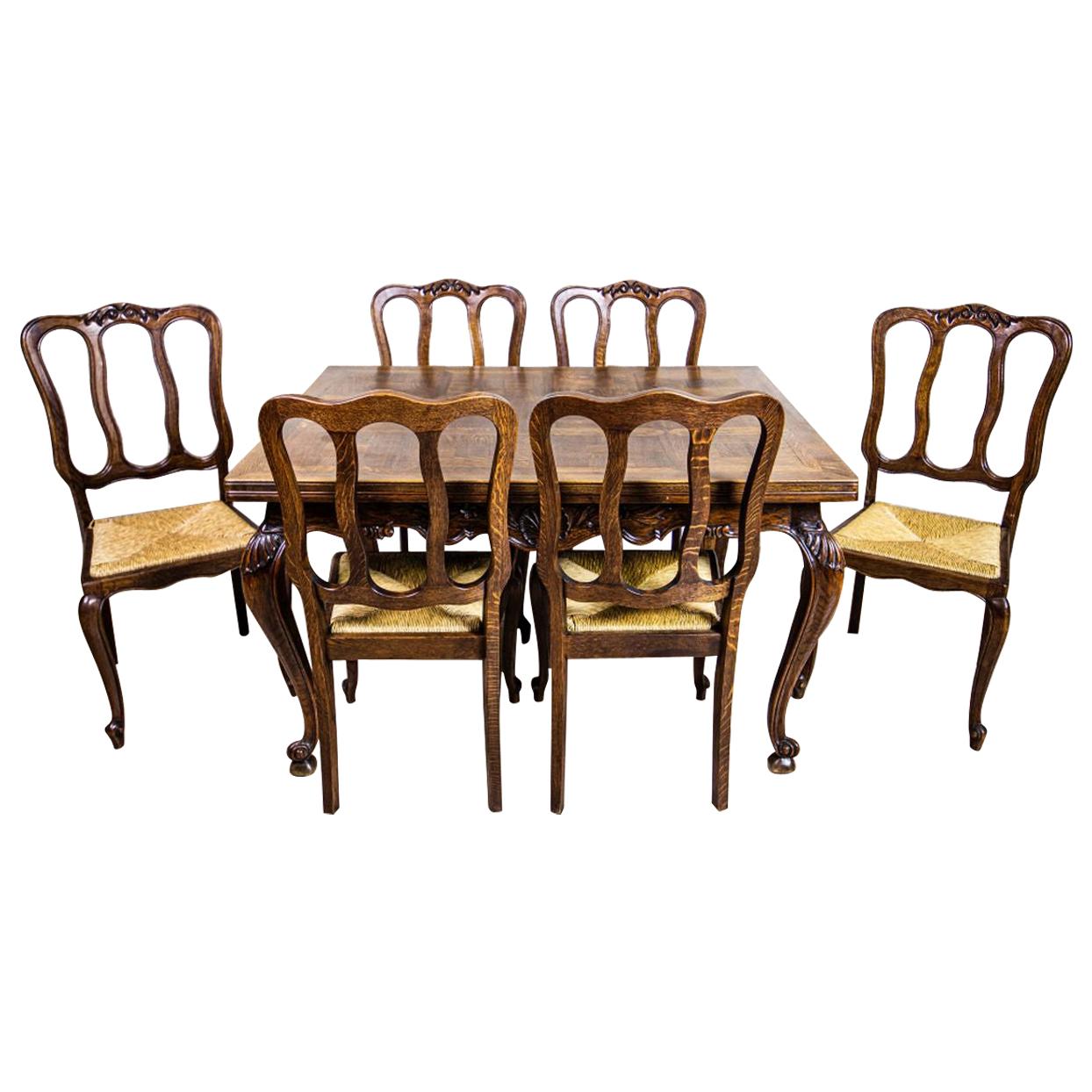 Extendable Table with Chairs, Oak Furniture Set from the Interwar Period