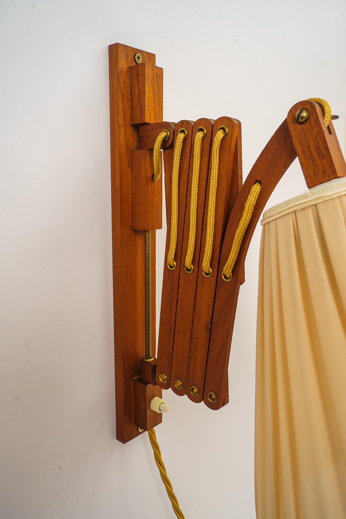 Austrian Extendable Wood Wall Lamp with Fabric Shade Vienna Around 1950s