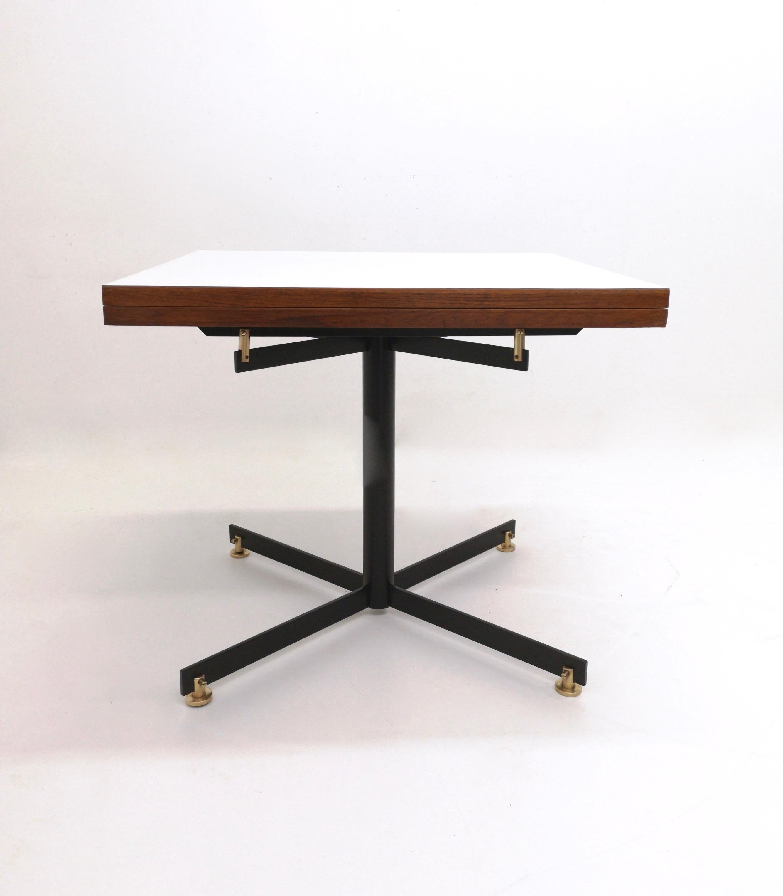 Italian Vintage Extendible Teak and White Formica Dining Table with Metal Pedestal For Sale