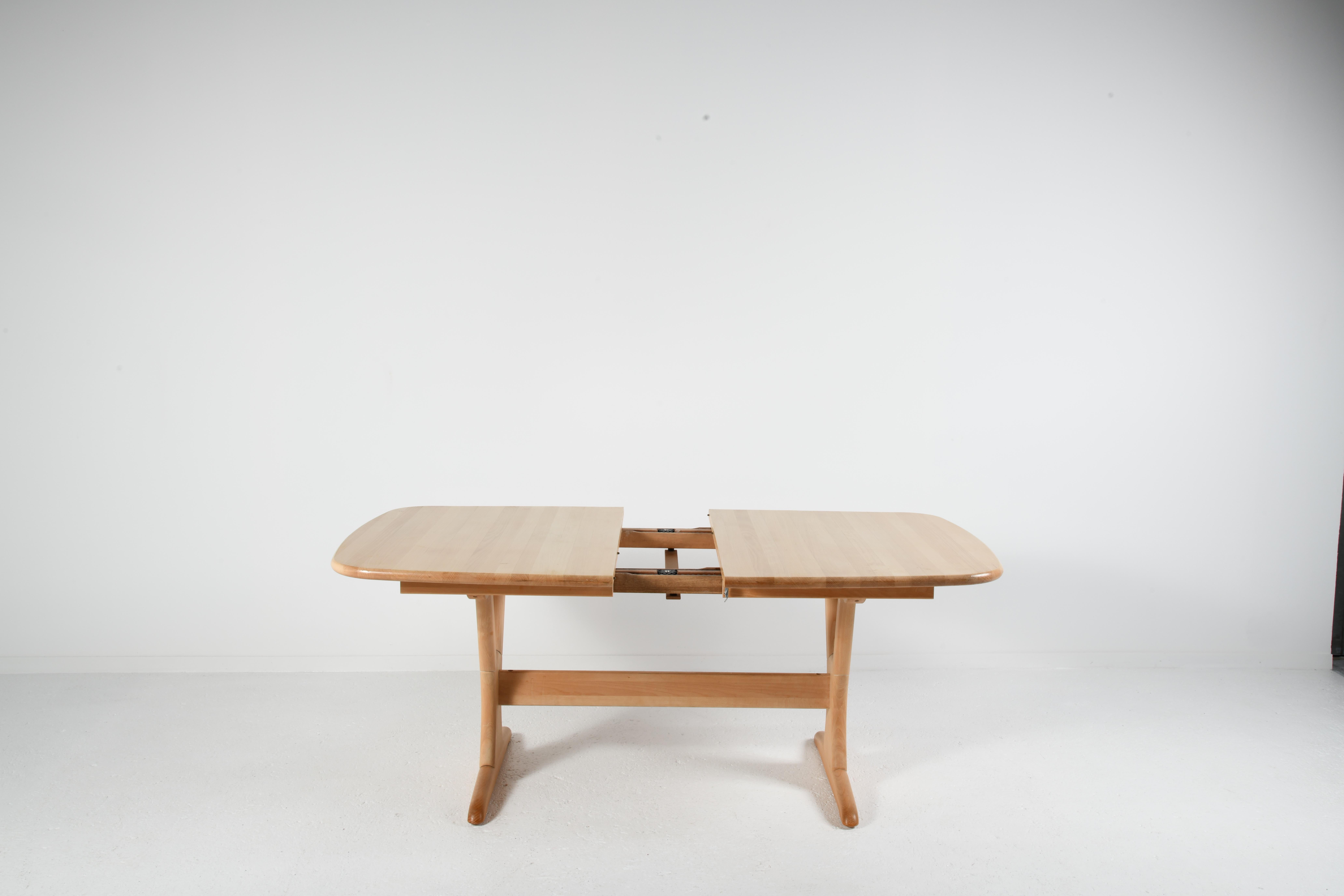 Varnished Extending danish large table solid beech with amazing system for 6 to 12 seats