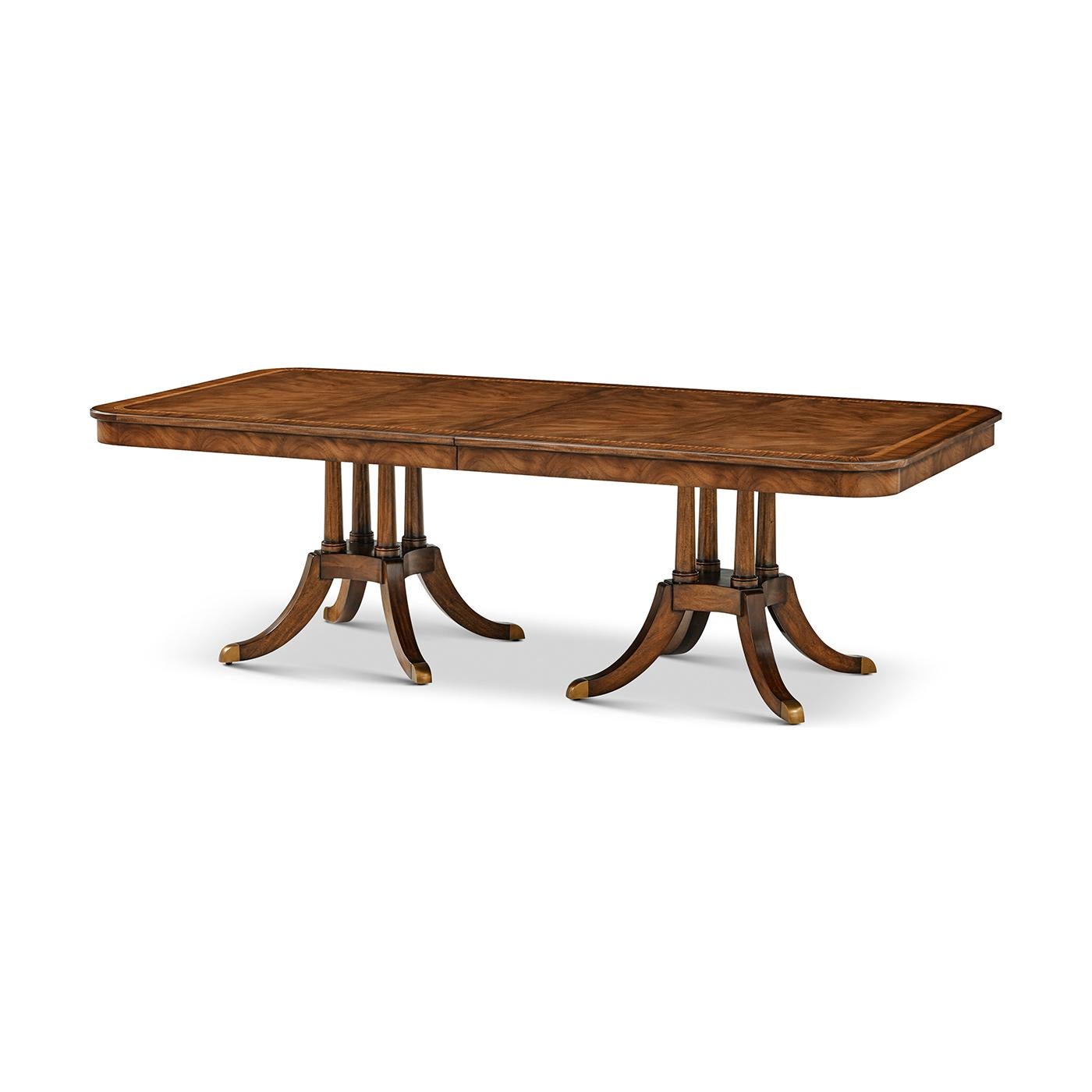 Bring refined Regency elegance to formal dining spaces with a silhouette that marries classical poise and modern functionality. Handcrafted with figured wood and finished in a medium brown tone, this table features a spectacular swirl surface that