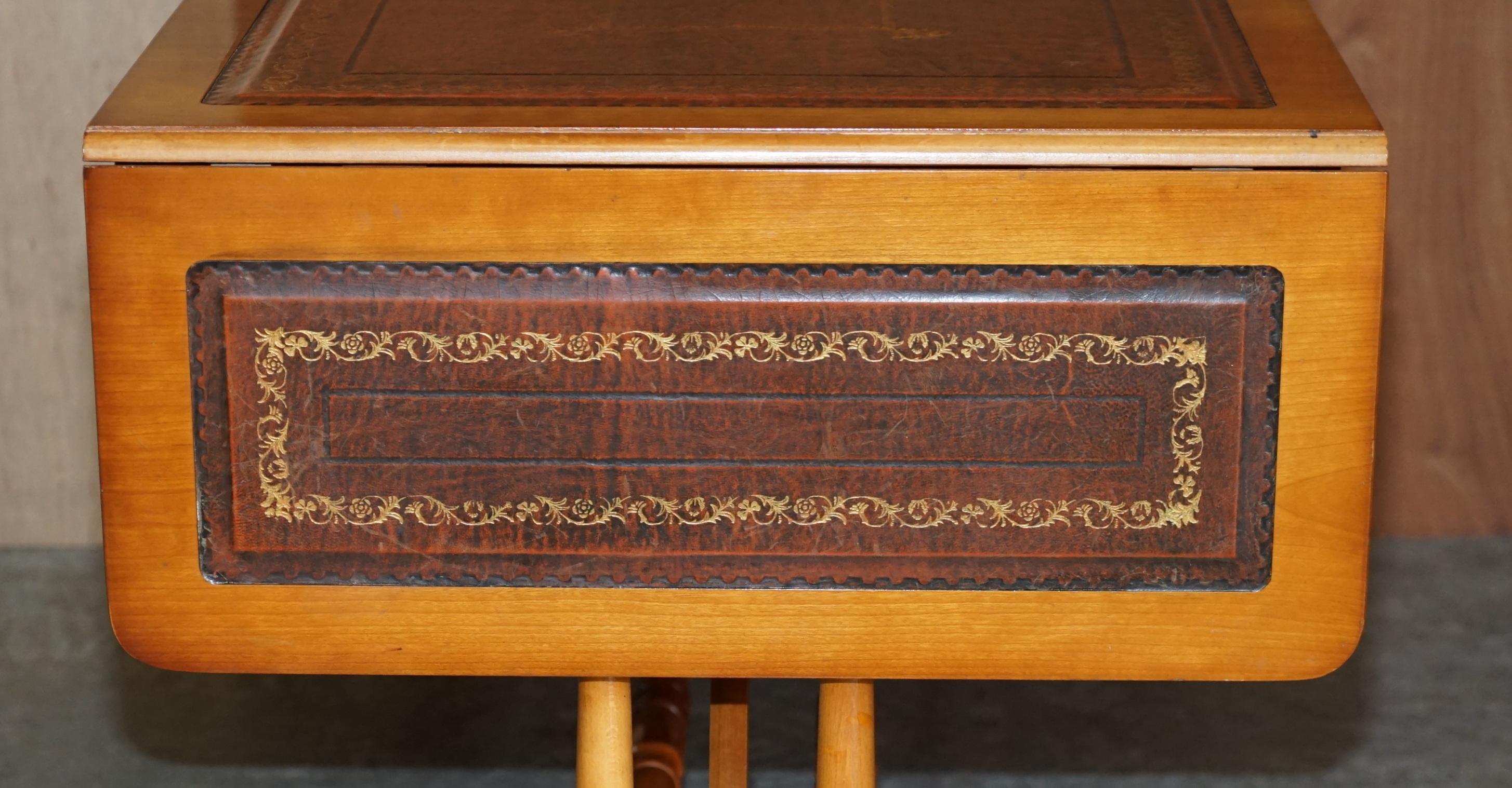Extending Writing Table Desk, Burr Yew Wood Brown Leather Gold Leaf Embossed Top For Sale 3