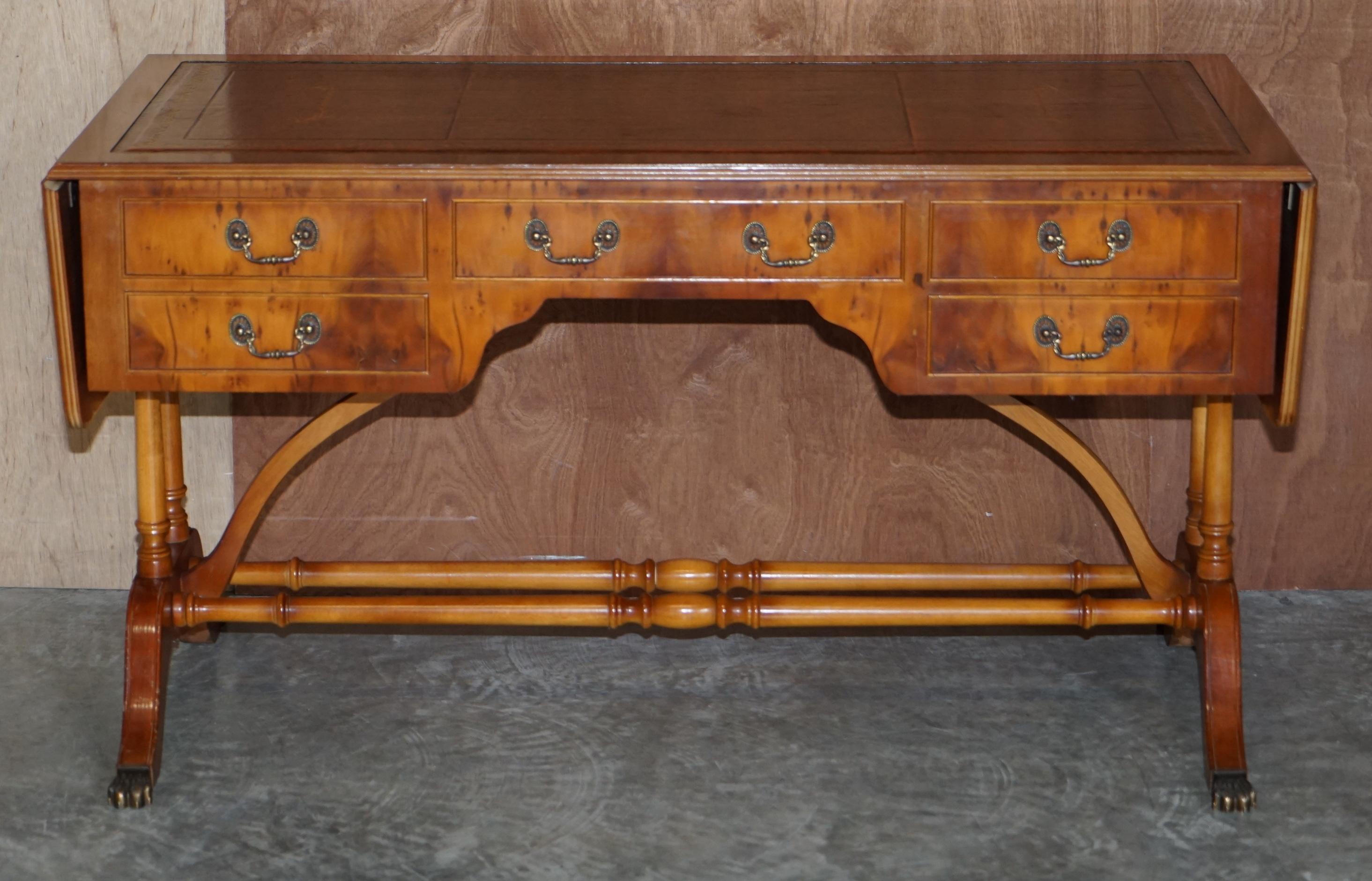 Extending Writing Table Desk, Burr Yew Wood Brown Leather Gold Leaf Embossed Top For Sale 4