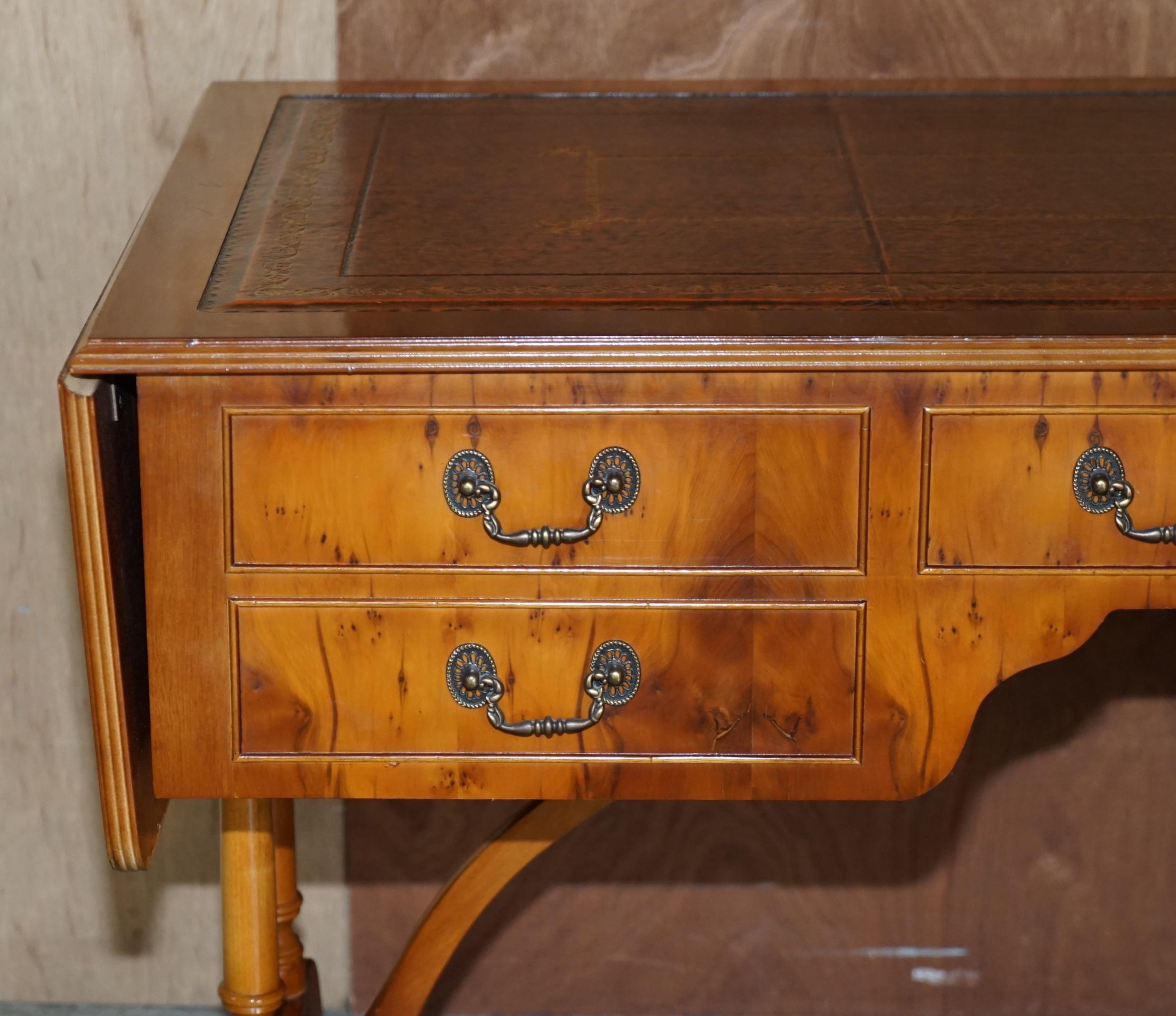 Extending Writing Table Desk, Burr Yew Wood Brown Leather Gold Leaf Embossed Top For Sale 5