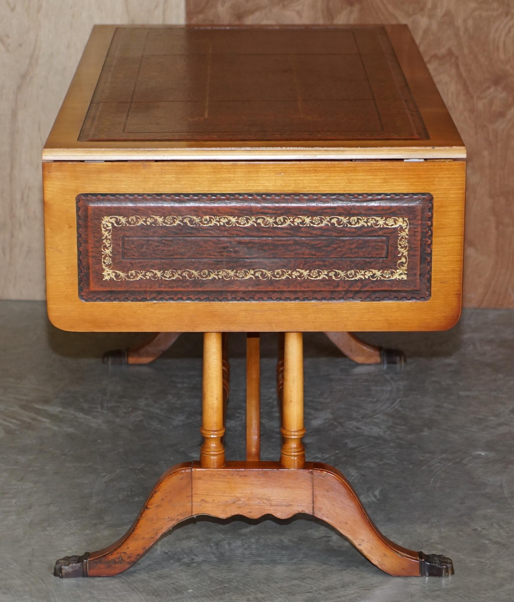 Extending Writing Table Desk, Burr Yew Wood Brown Leather Gold Leaf Embossed Top For Sale 6