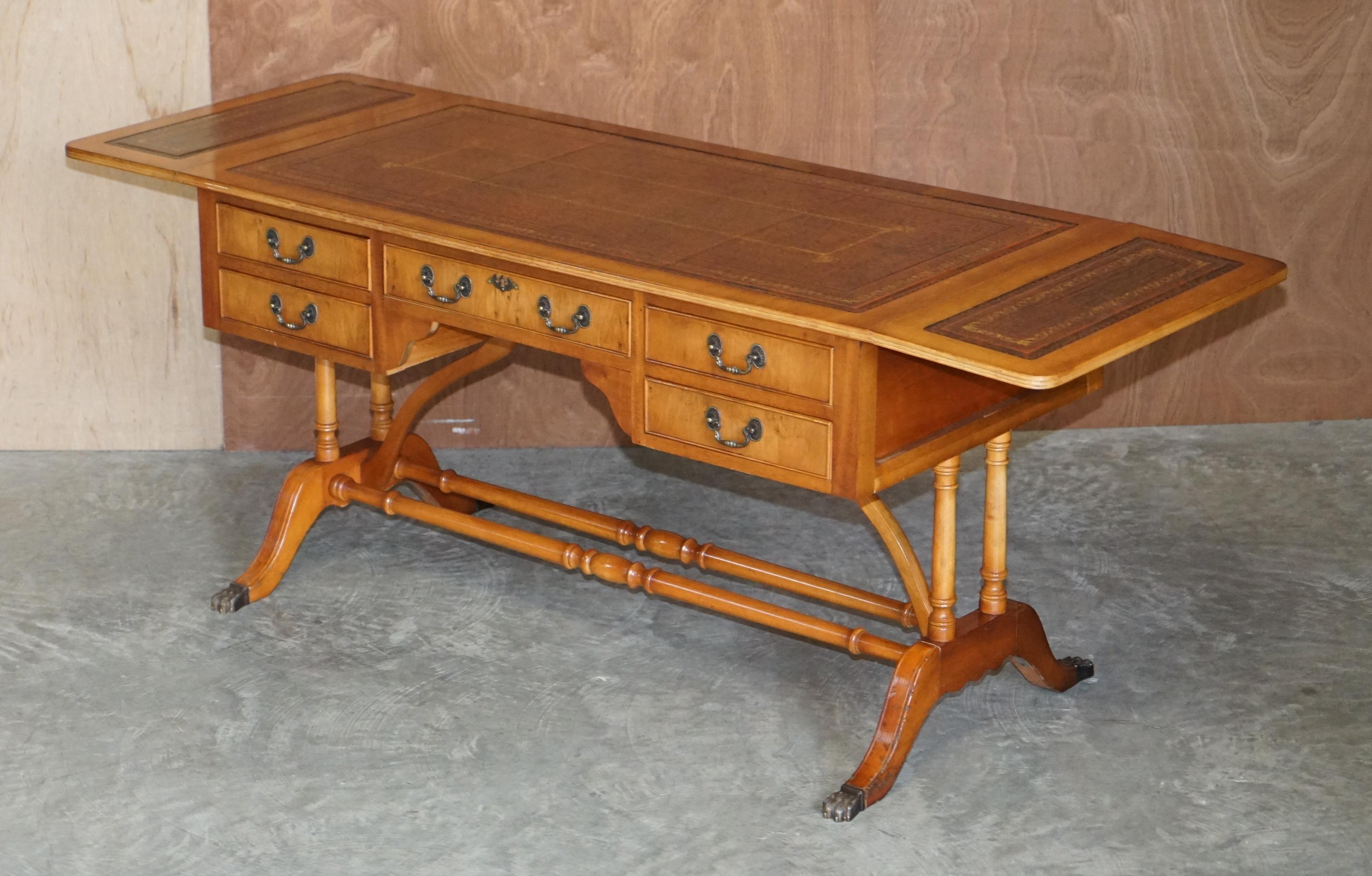 Extending Writing Table Desk, Burr Yew Wood Brown Leather Gold Leaf Embossed Top For Sale 7