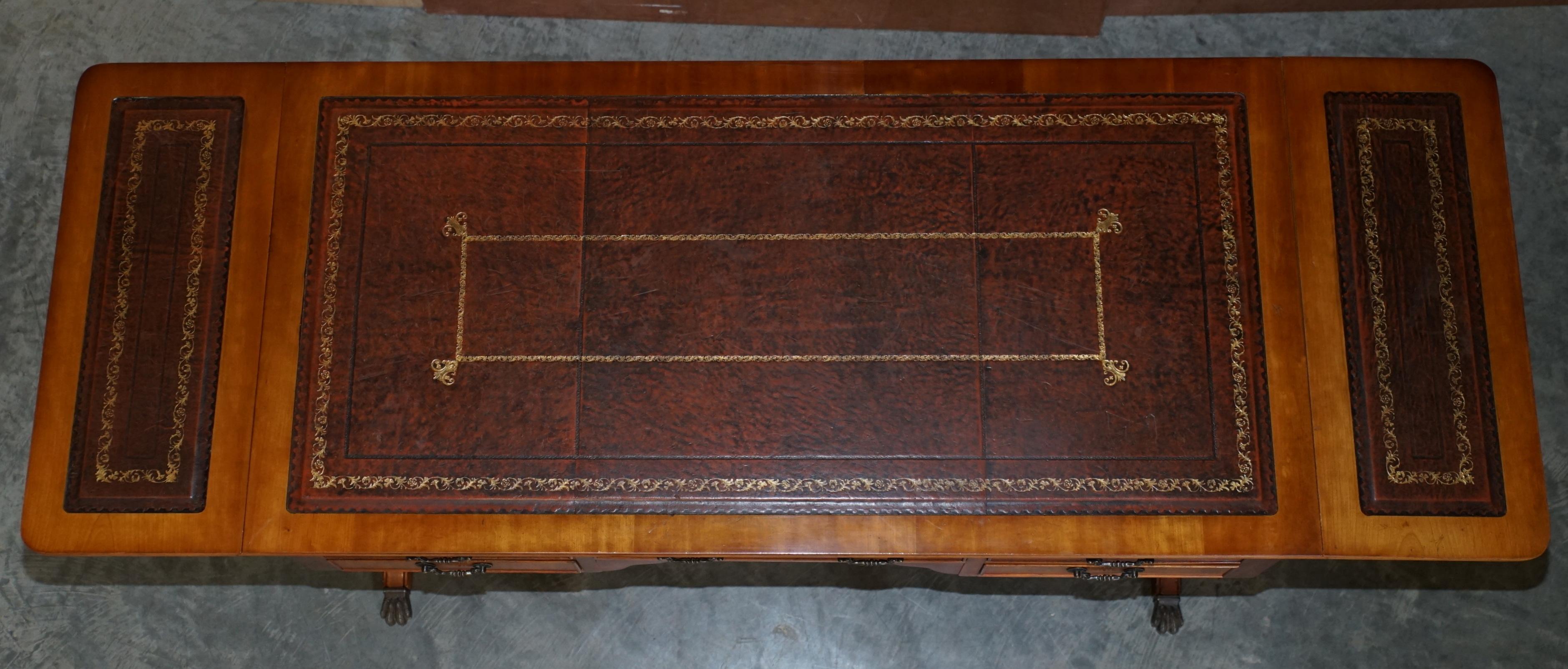 Extending Writing Table Desk, Burr Yew Wood Brown Leather Gold Leaf Embossed Top For Sale 8