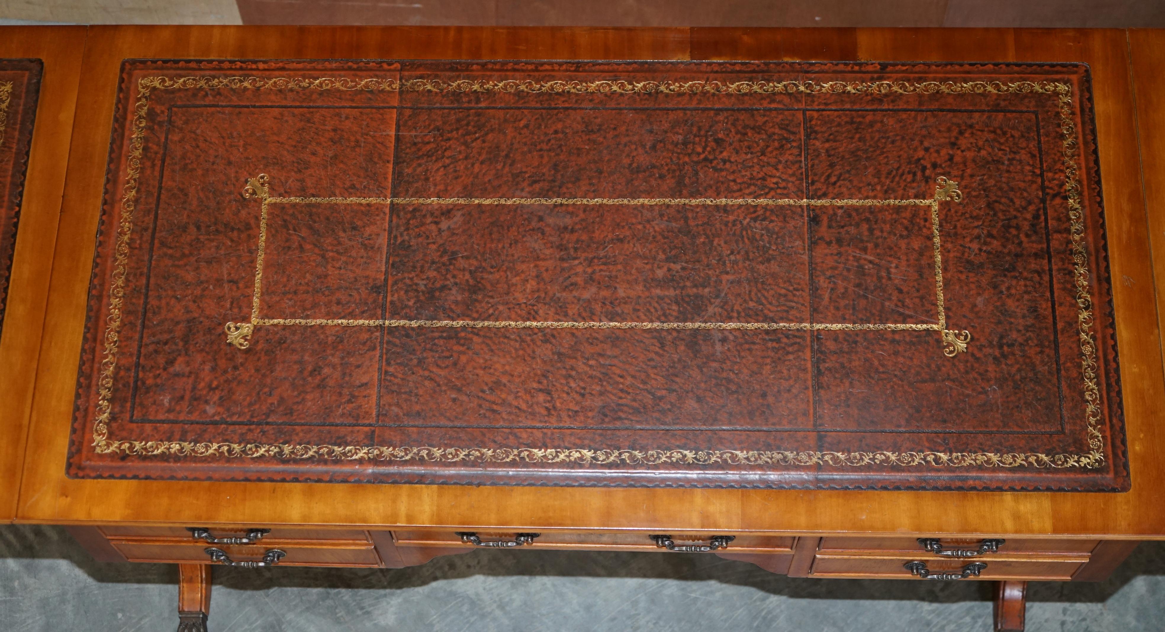 Extending Writing Table Desk, Burr Yew Wood Brown Leather Gold Leaf Embossed Top For Sale 11