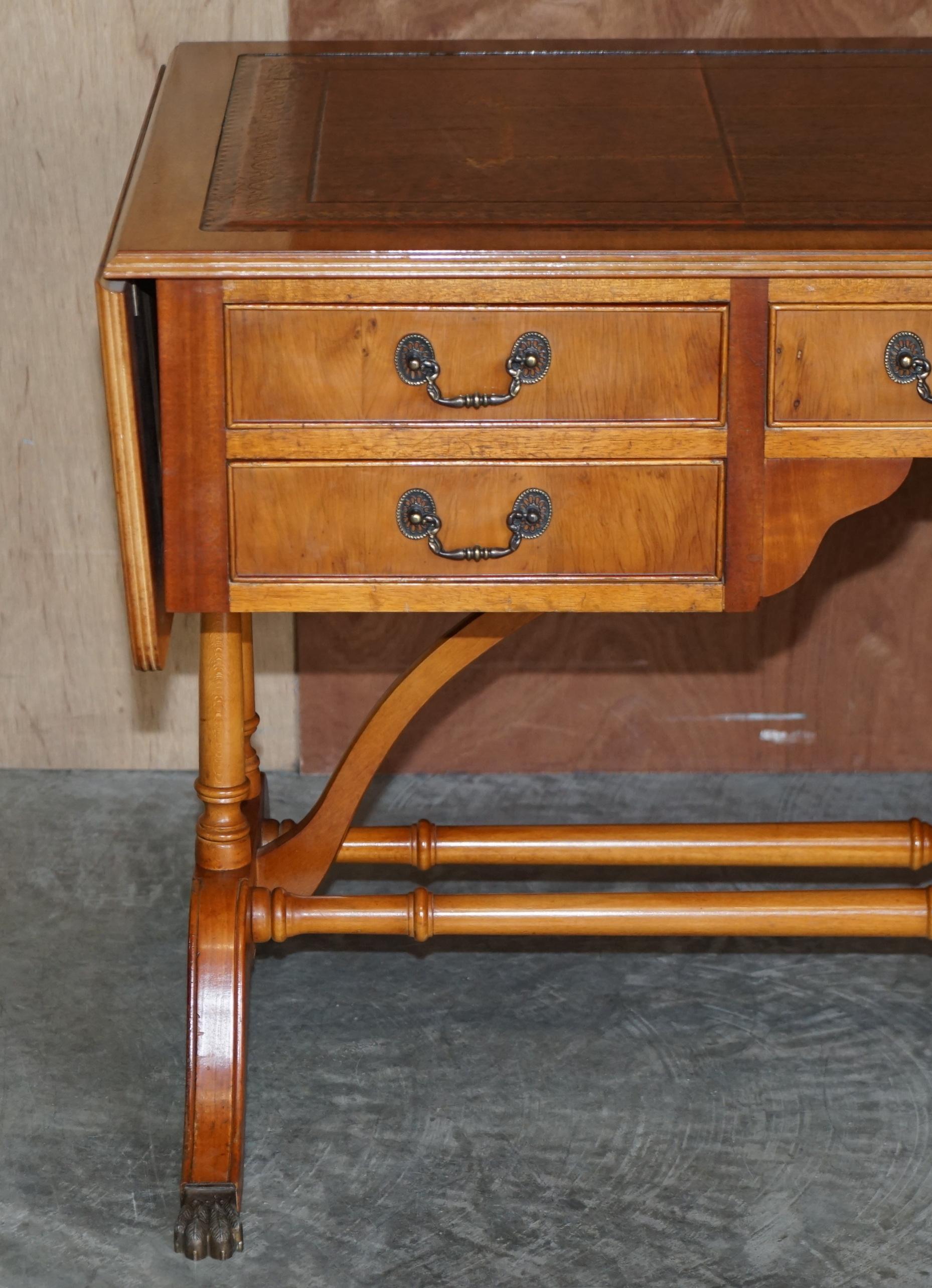 Victorian Extending Writing Table Desk, Burr Yew Wood Brown Leather Gold Leaf Embossed Top For Sale