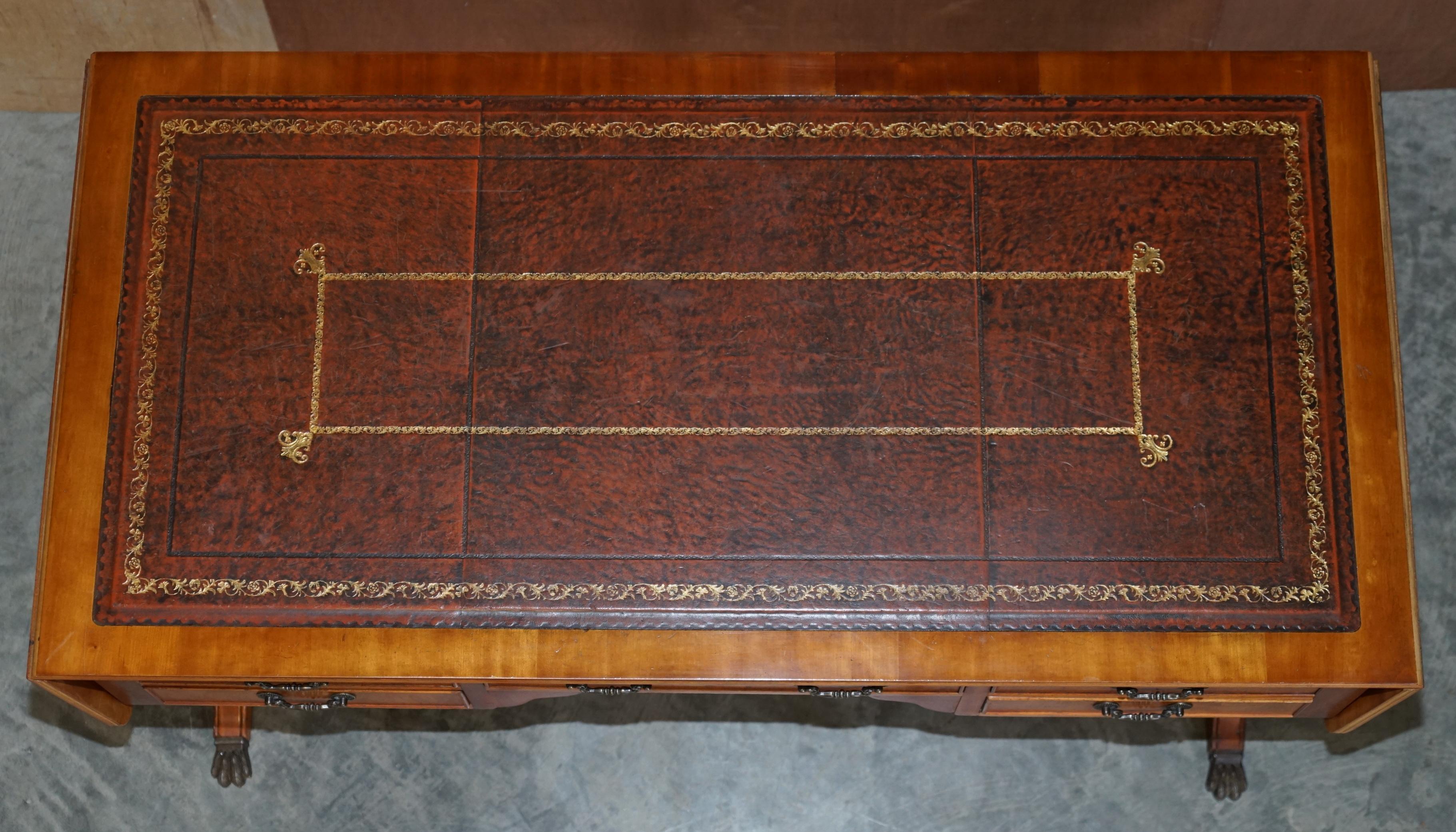 20th Century Extending Writing Table Desk, Burr Yew Wood Brown Leather Gold Leaf Embossed Top For Sale