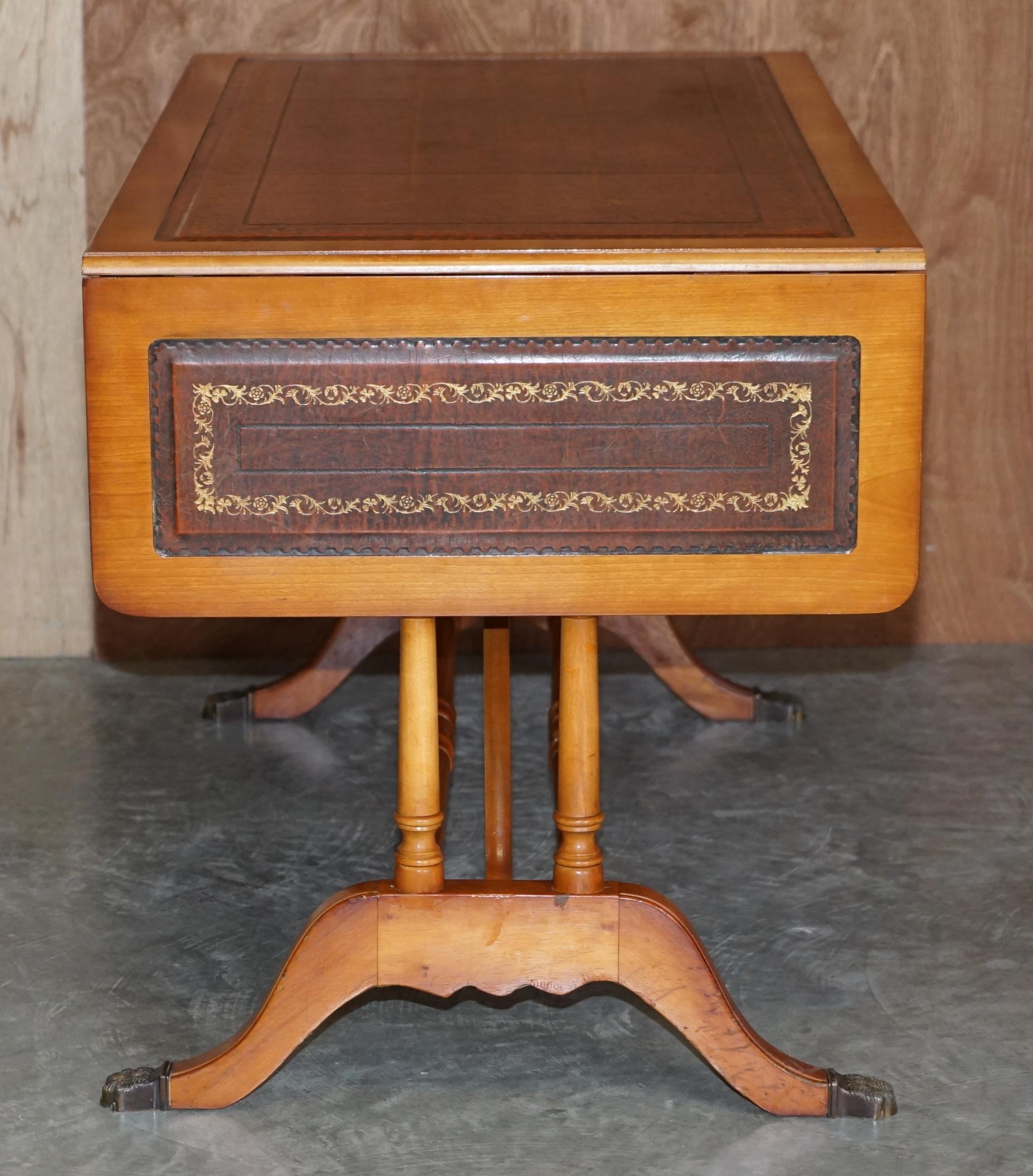 Extending Writing Table Desk, Burr Yew Wood Brown Leather Gold Leaf Embossed Top For Sale 2
