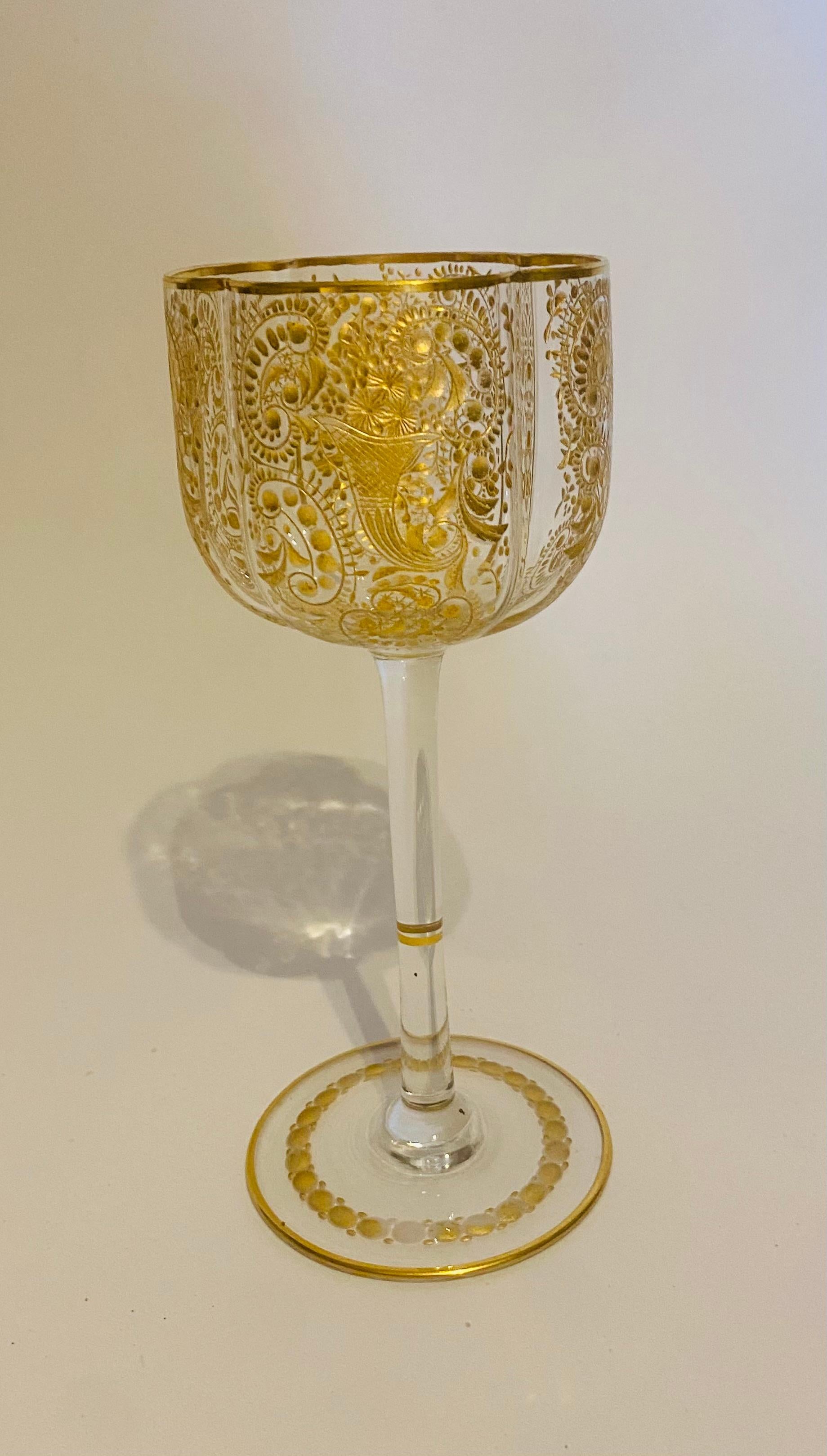 Belle Époque Extensive 55 Piece Antique Moser Crystal Service, Intaglio Cut & 24 Karat Gold For Sale